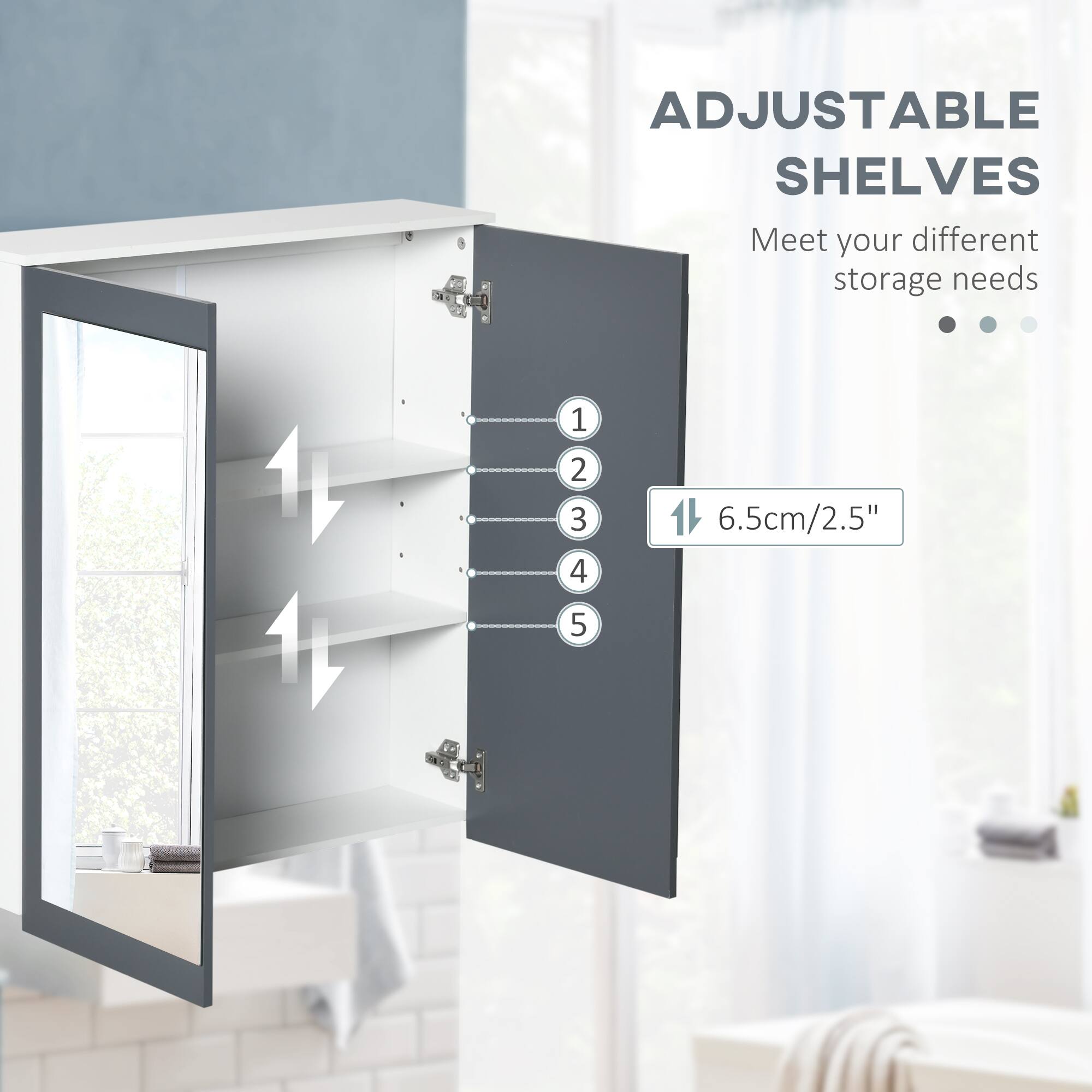 ADJUSTABLE SHELVES  
Meet your different storage needs  

1 2 3 4 5  

6.5cm/2.5"
