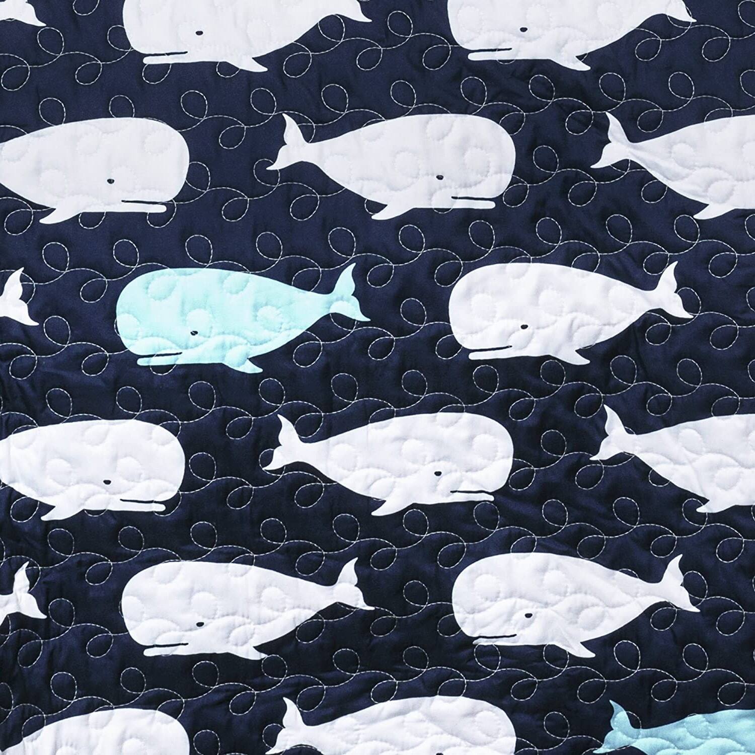 Angle. Hivvago - Full/Queen 5 Piece Bed In A Bag Navy Teal Microfiber Waves Whales Quilt Set - Navy, Teal.