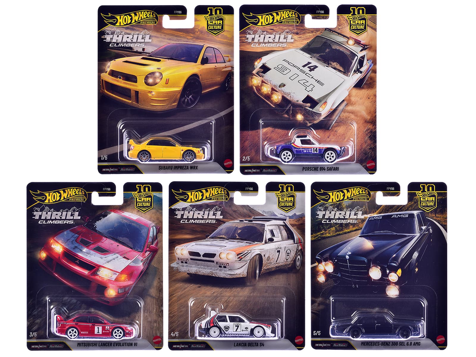 "Thrill Climbers" 5 piece Set "Car Culture 10th Anniversary" 2025 Series Q Diecast Model Cars by Hot Wheels - Multi
