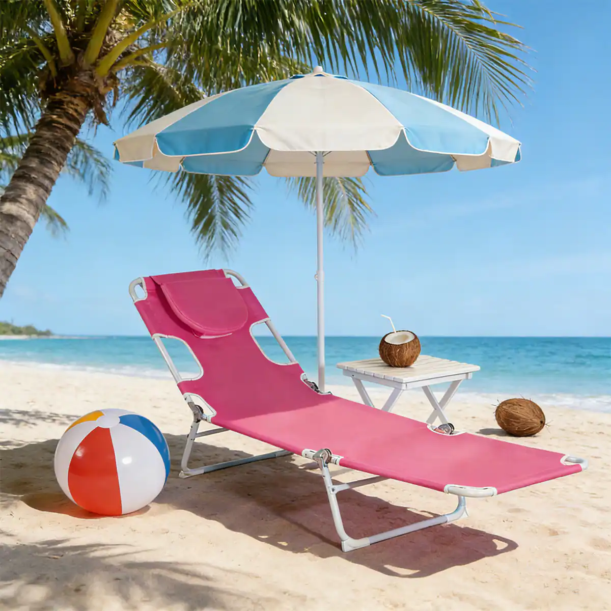 Angle. Ainfox - Ainfox Outdoor Lounge Chair Folding Beach Chaise with Face Hole and Pillow for Patio Beach - Pink.