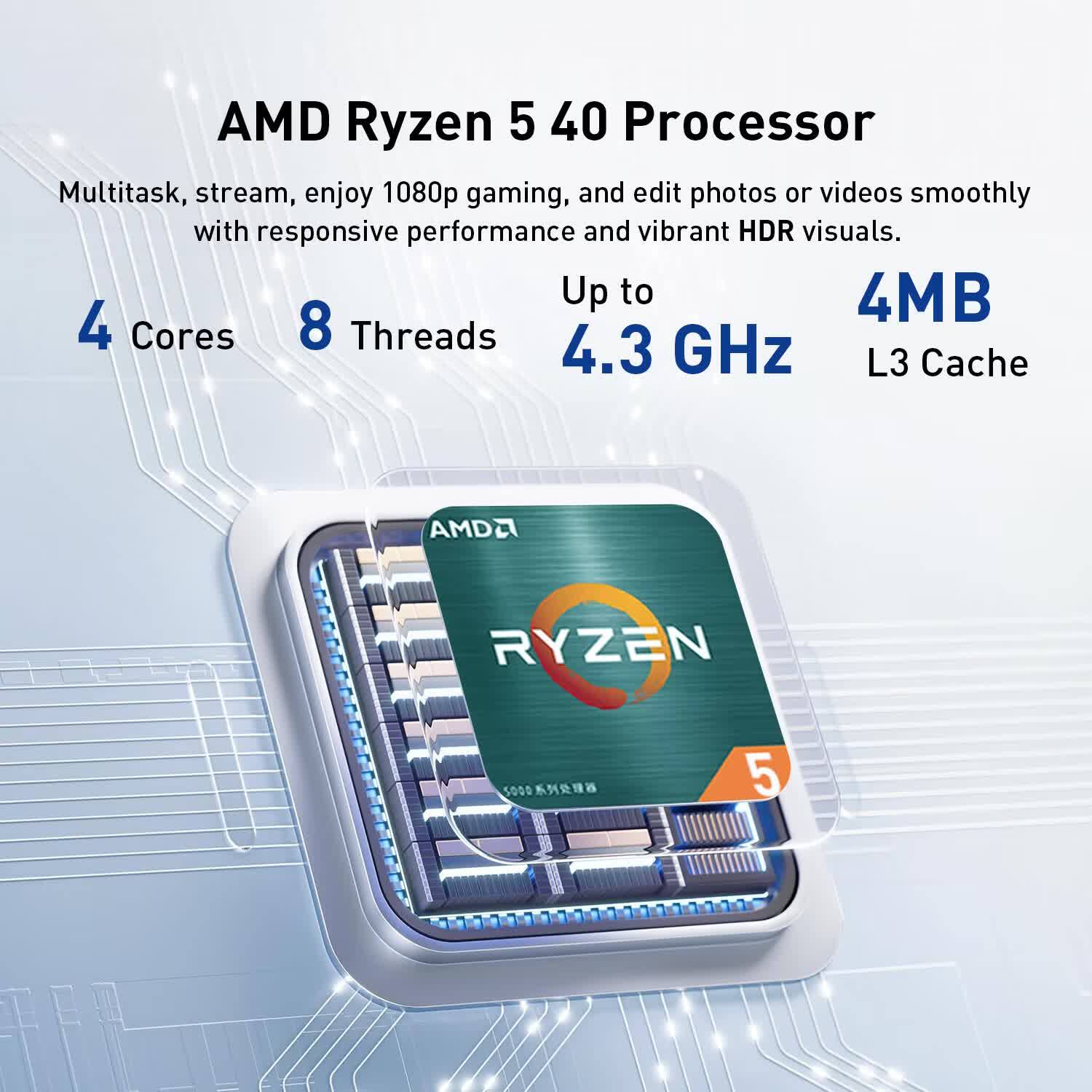 AMD Ryzen 5 4000 Processor  
Multitask, stream, enjoy 1080p gaming, and edit photos or videos smoothly with responsive performance and vibrant HDR visuals.  
Up to 4.3 GHz  
4 Cores 8 Threads  
4MB L3 Cache