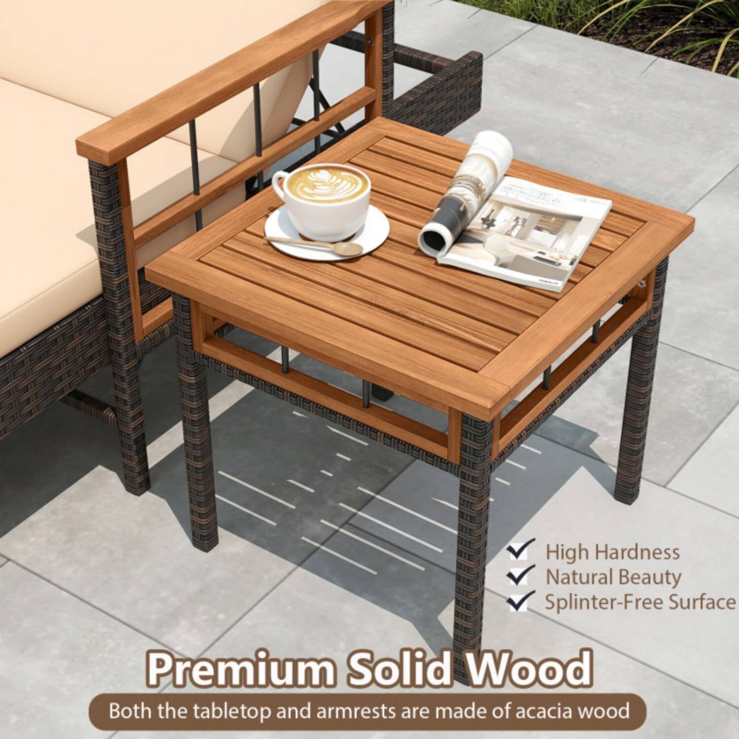 Premium Solid Wood  
High Hardness  
Natural Beauty  
Splinter-Free Surface  
Both the tabletop and armrests are made of acacia wood