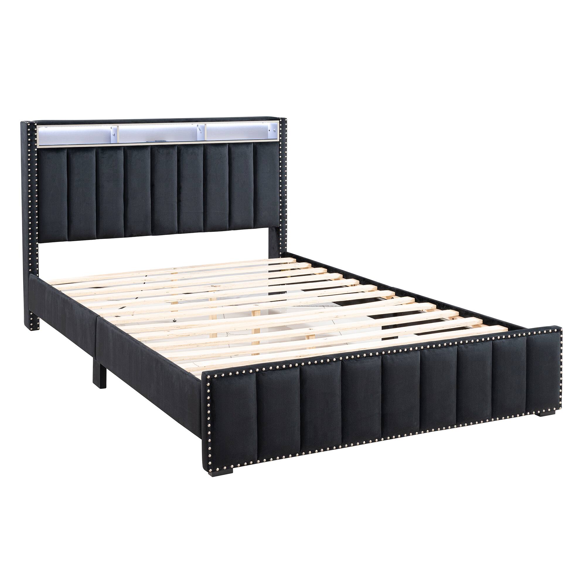 Back. Parrot Uncle - Contemporary Velvet Platform Bed With LED Lights and Nailhead Trim - Black.