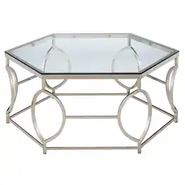 Manhattan Lane - Slade 40 Inch Coffee Table, Hexagonal Glass Top, Geometric Base - Chrome