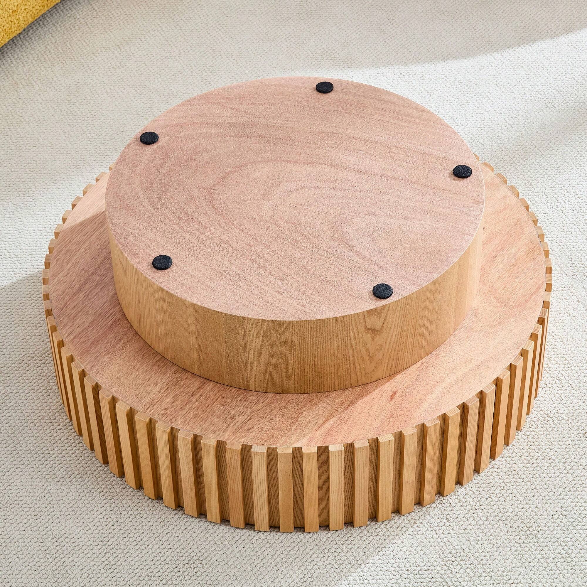 Alt View 5. Trinkets Crazed - Round Coffee Table With Storage, Solid Wood Center Table Large Circle Wooden Accent Table - Natural.