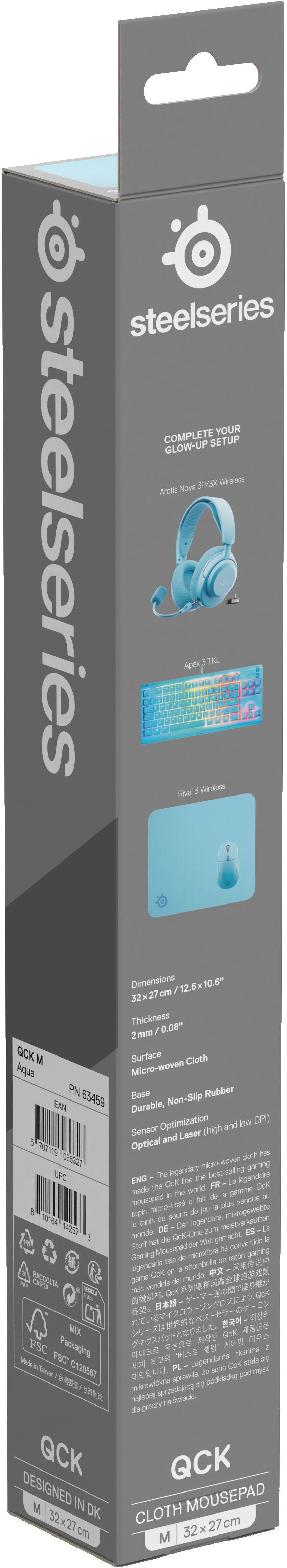 steelseries COMPLETE YOUR GLOW-UP SETUP Arctis Nova 3P/3X Wireless Apex 3 TKL Rival 3 Wireless Dimensions 32 x 27 cm / 12.6 x 10.6" Thickness 2mm / 0.08" Surface Micro-woven Cloth Base Durable, Non-Slip Rubber Sensor Optimization Optical and Laser (high and low DPI) ENG - The legendary micro-woven cloth has made the Qck line the best-selling gaming mousepad in the world. FR - Le legendaire tapis de la gamme de la vente au détail sous le sourde de jeu, micro-gouttette monde. DE - Die legendäre Qck-Line zum mistigen Qck-Mousepad der Welt ha convertida la Stoff hat die legendare tela de ratón de la mundo. ES - La gama vende del mundo. 中文 - Qck系列的传奇微纤维布料是世界上最畅销的游戏鼠标垫。 日语 - Qckシリーズのレジェンダーマイクロウオーブドゥーマスカットグケームのマウスパッド。 韩语 - Qck의 세계적인 마이크로 위브는 세계에서 가장 잘 팔리는 게임 마우스패드입니다. QCK M PN 63459 FSC Packaging Made in DK QCK DESIGNED IN DK CLOTH MOUSEPAD M 32 x 27 cm