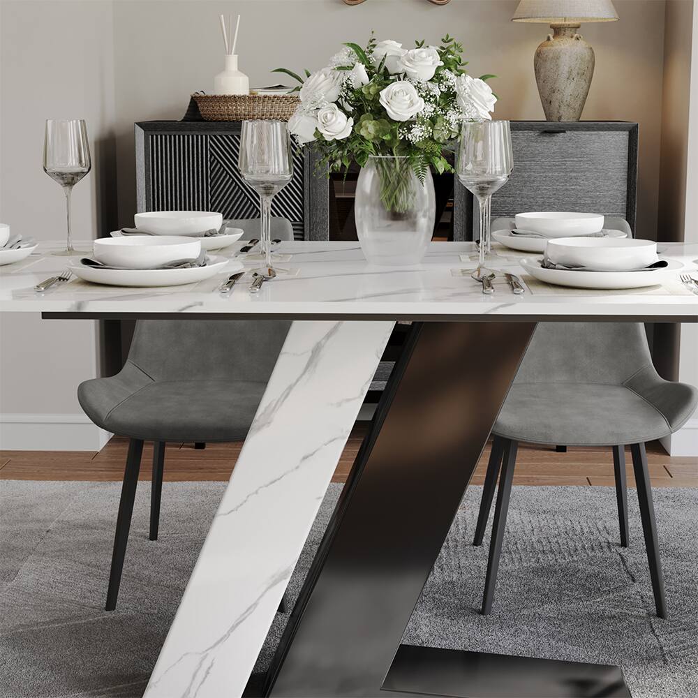 Alt View 1. POVISON - 71"Modern Glossy White Sintered Stone Rectangular Dining Table for 4-6, White & Black Z-shaped Stainless Steel Base - White & Black.