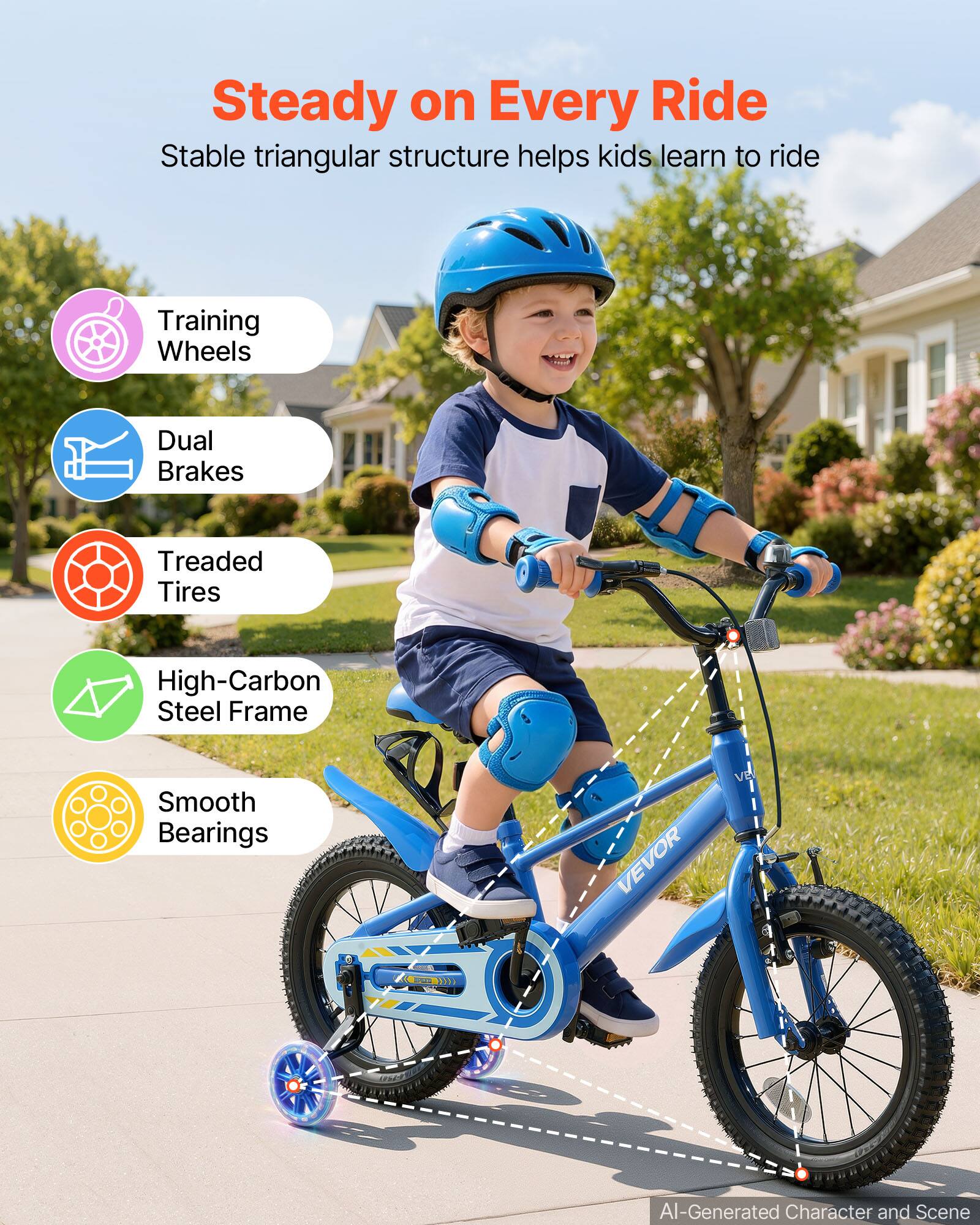 Steady on Every Ride  
Stable triangular structure helps kids learn to ride

- Training Wheels
- Dual Brakes
- Treaded Tires
- High-Carbon Steel Frame
- Smooth Bearings

VEVOR

AI-Generated Character and Scene