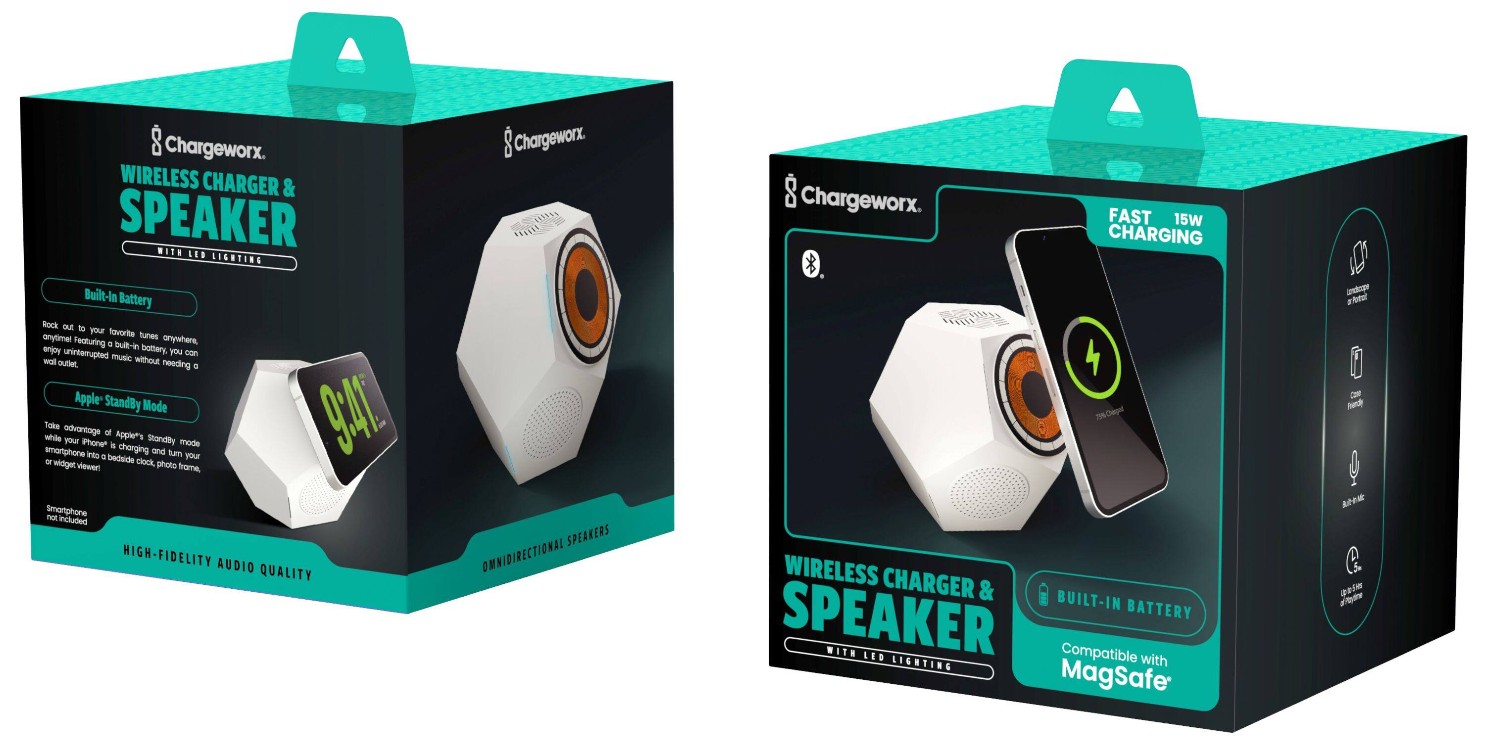 S Chargeworx. WIRELESS CHARGER & SPEAKER WITH LED LIGHTING Built-In Battery Rock out 10 your favorite tunes anytime, anywhere. Enjoy uninterrupted music without needing a power source. Take advantage of your phone's charging Standby Mode. Charge your smartphone while using Apple's charging Standby mode. The Chargeworx. SPEAKER has omnidirectional speakers for high-fidelity audio quality. The Chargeworx. WIRELESS CHARGER & BUILT-IN SPEAKER has a built-in battery with fast 15W charging. The package includes a 70% charged wireless charger and a built-in speaker with LED lighting. The product is compatible with MagSafe technology.