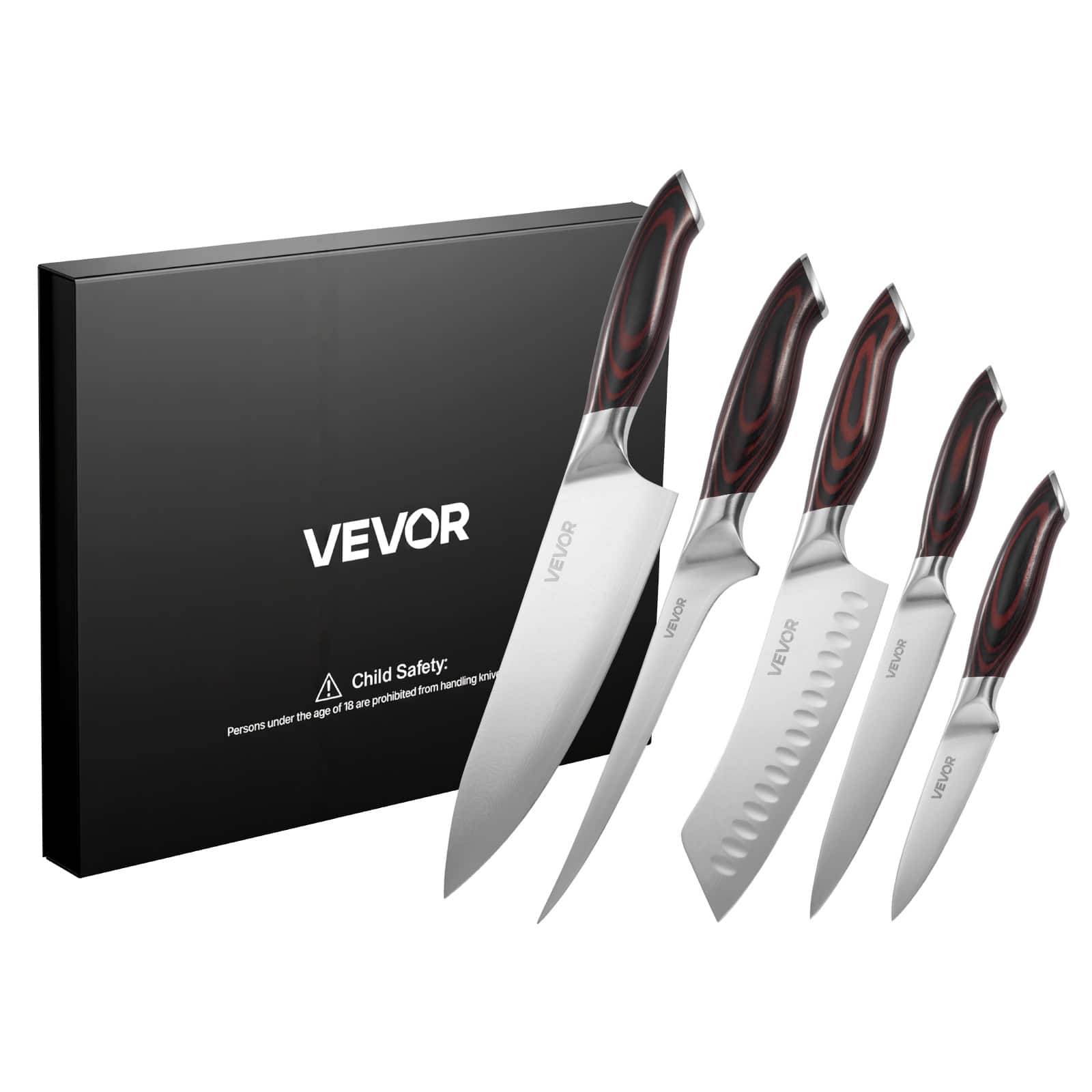 VEVOR - Kitchen Knife Set, 5 Piece High Carbon Stainless Steel Sharp Knife Set, Durable and Rust-Resistant, Professional Kitchen - Brown