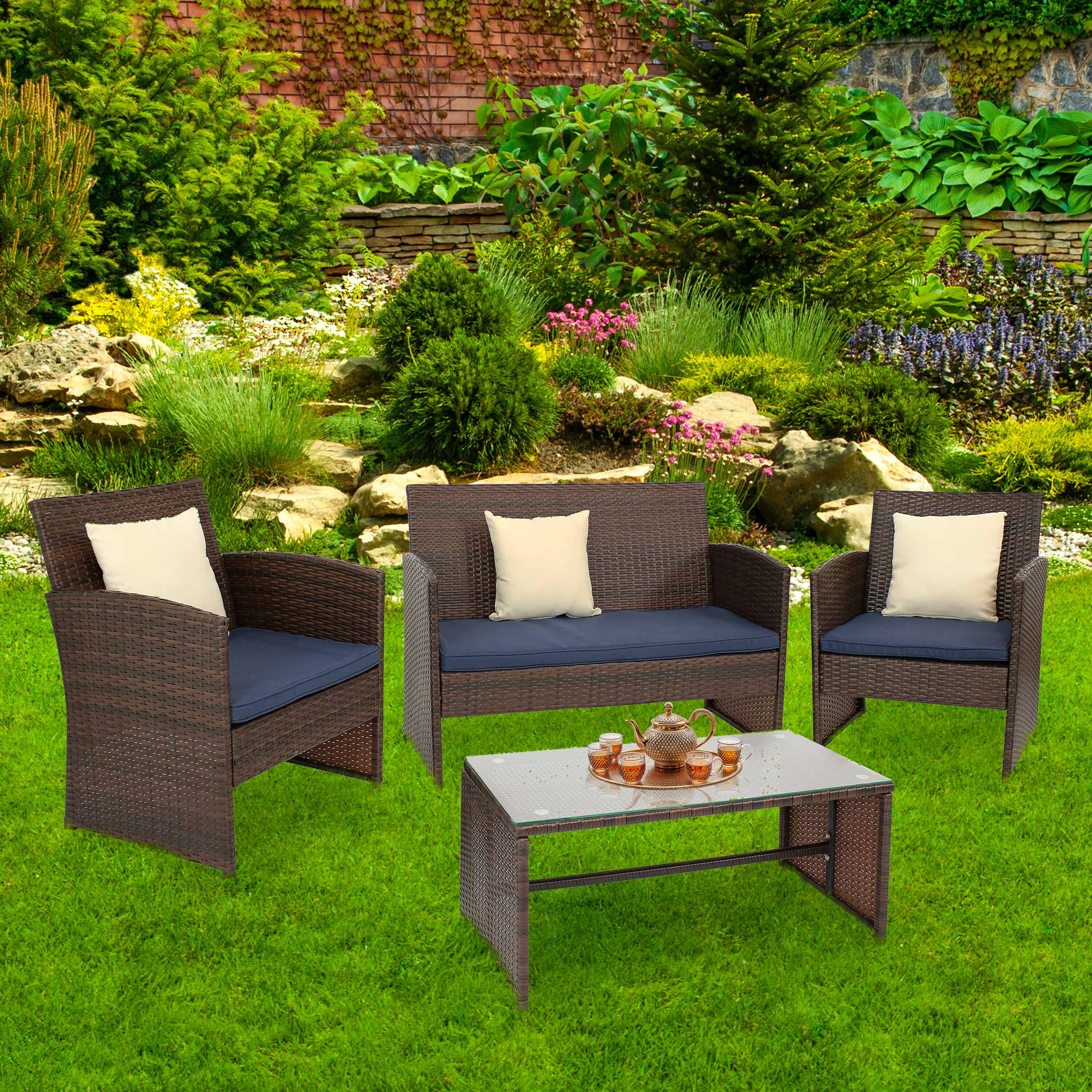 Alt View 5. Sunnydaze - Ardfield Rattan 4-Piece Patio Furniture Set - Brown Rattan with Navy Cushions.