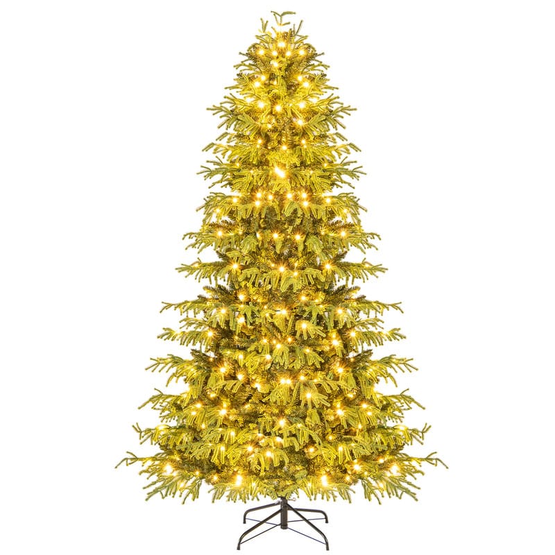 WELLFOR - 7FT Artificial Christmas Tree, Pre‑Lit Holiday Decoration, 1090 Mixed TPE‑PVC Tips with 370 Warm White LED Lights - Green