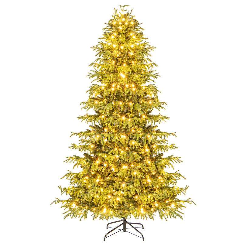 Front. WELLFOR - 7FT Artificial Christmas Tree, Pre‑Lit Holiday Decoration, 1090 Mixed TPE‑PVC Tips with 370 Warm White LED Lights - Green.