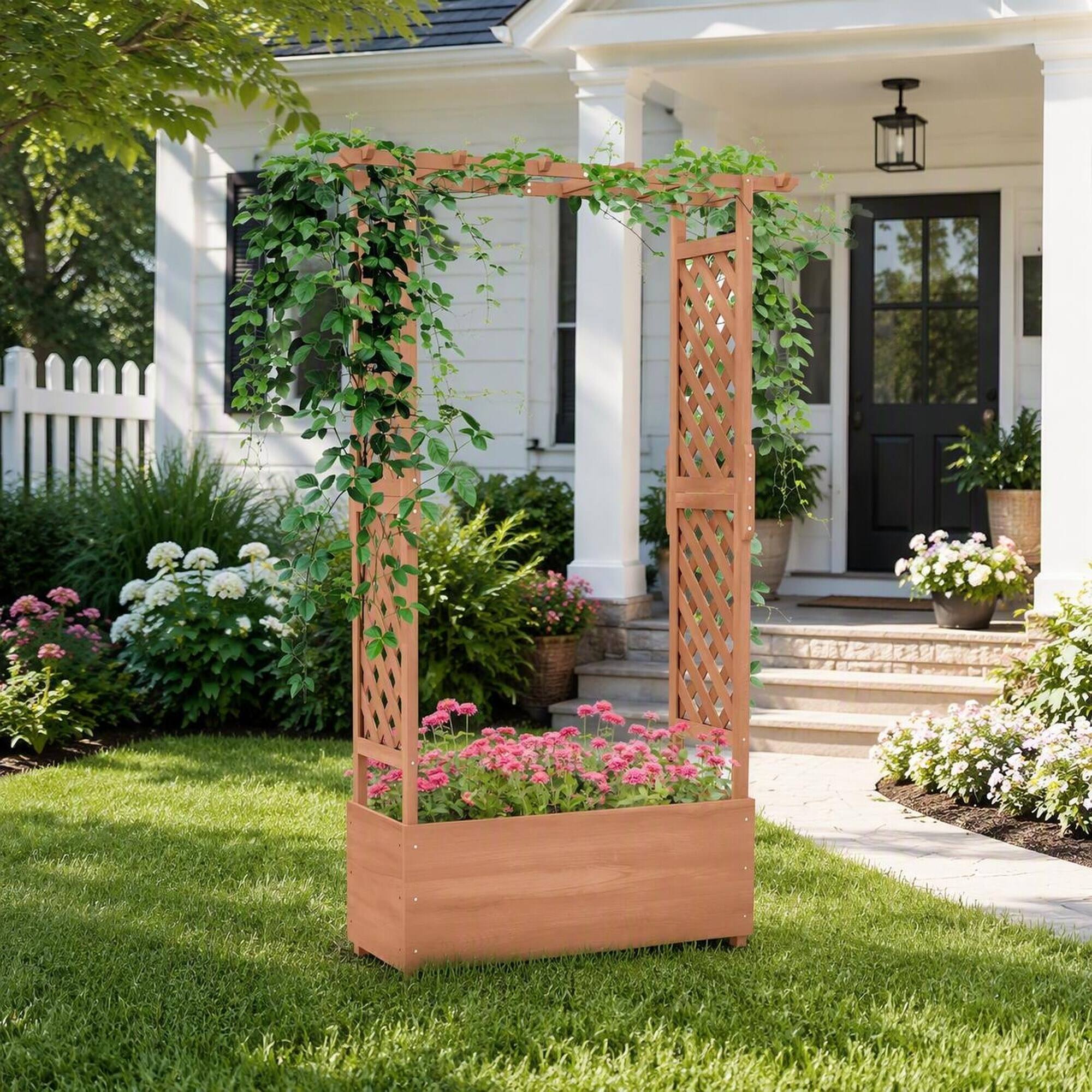 Alt View 1. RYHNUYNE - Raised Wooden Garden Planter with Arch Trellis for Climbing Plants and Hanging Flowers, 44 x 16.25 x 70.75 Inch - Brown.