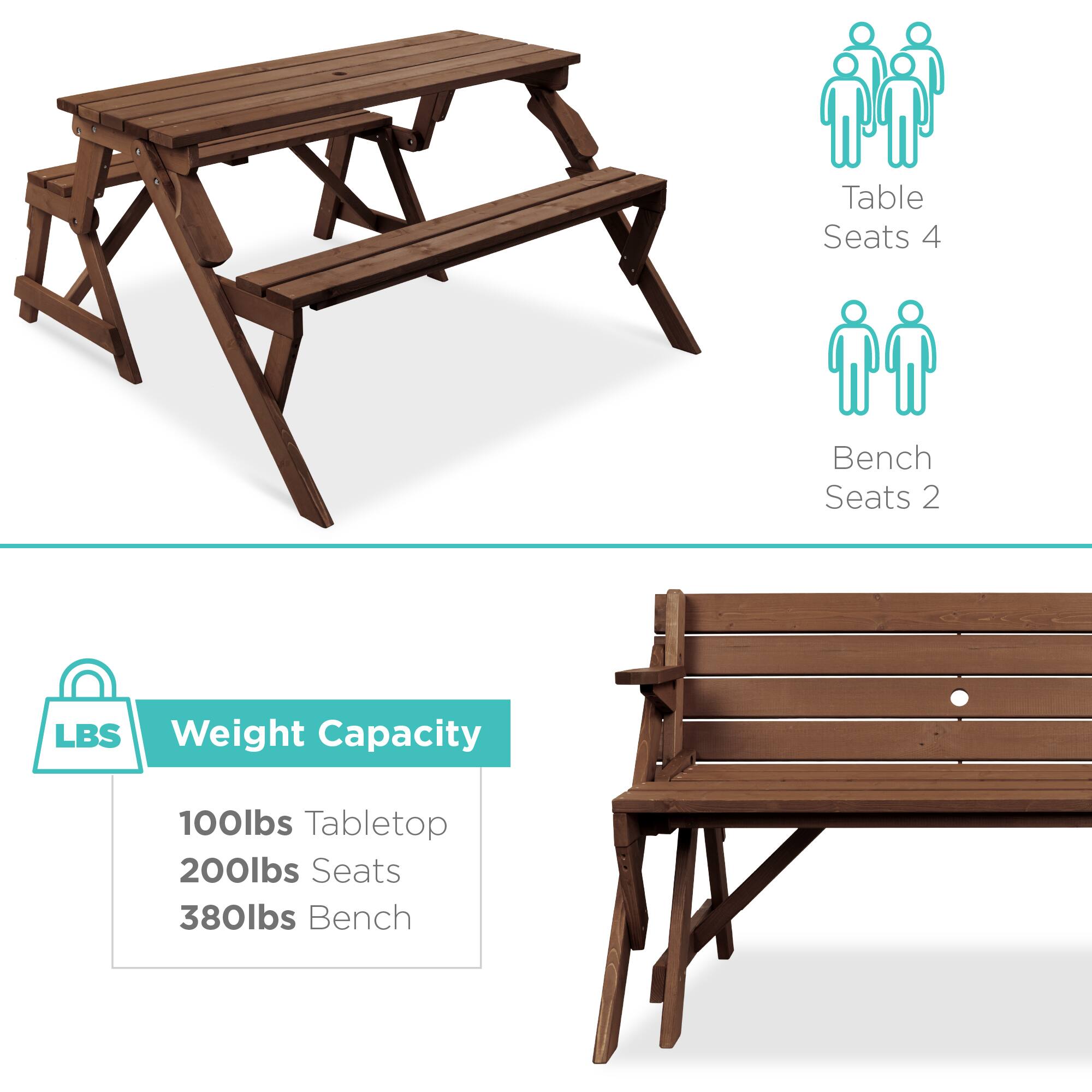 Table Seats 4  
Bench Seats 2  

LBS Weight Capacity  
100lbs Tabletop  
200lbs Seats  
380lbs Bench
