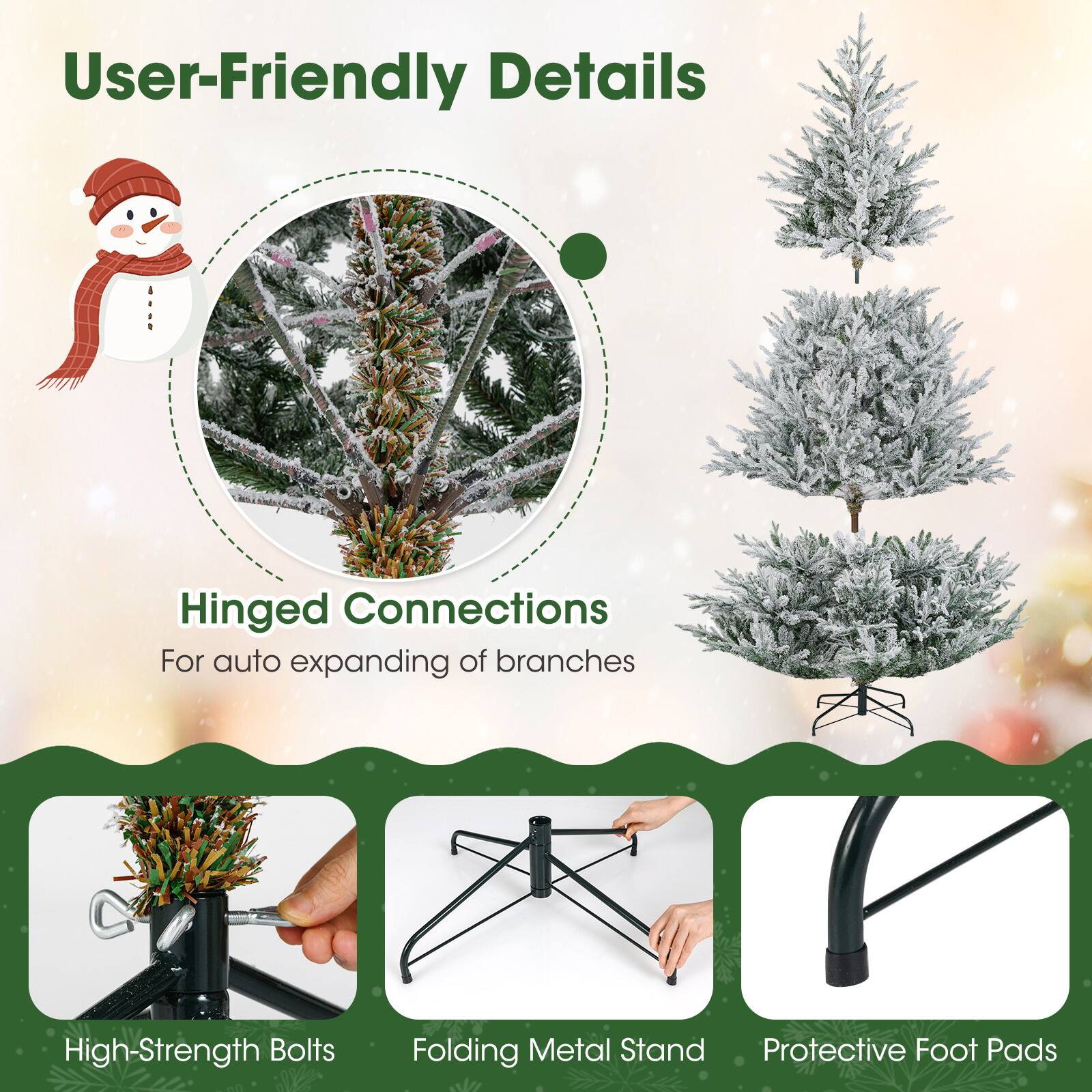 User-Friendly Details

Hinged Connections  
For auto expanding of branches

High-Strength Bolts  
Folding Metal Stand  
Protective Foot Pads