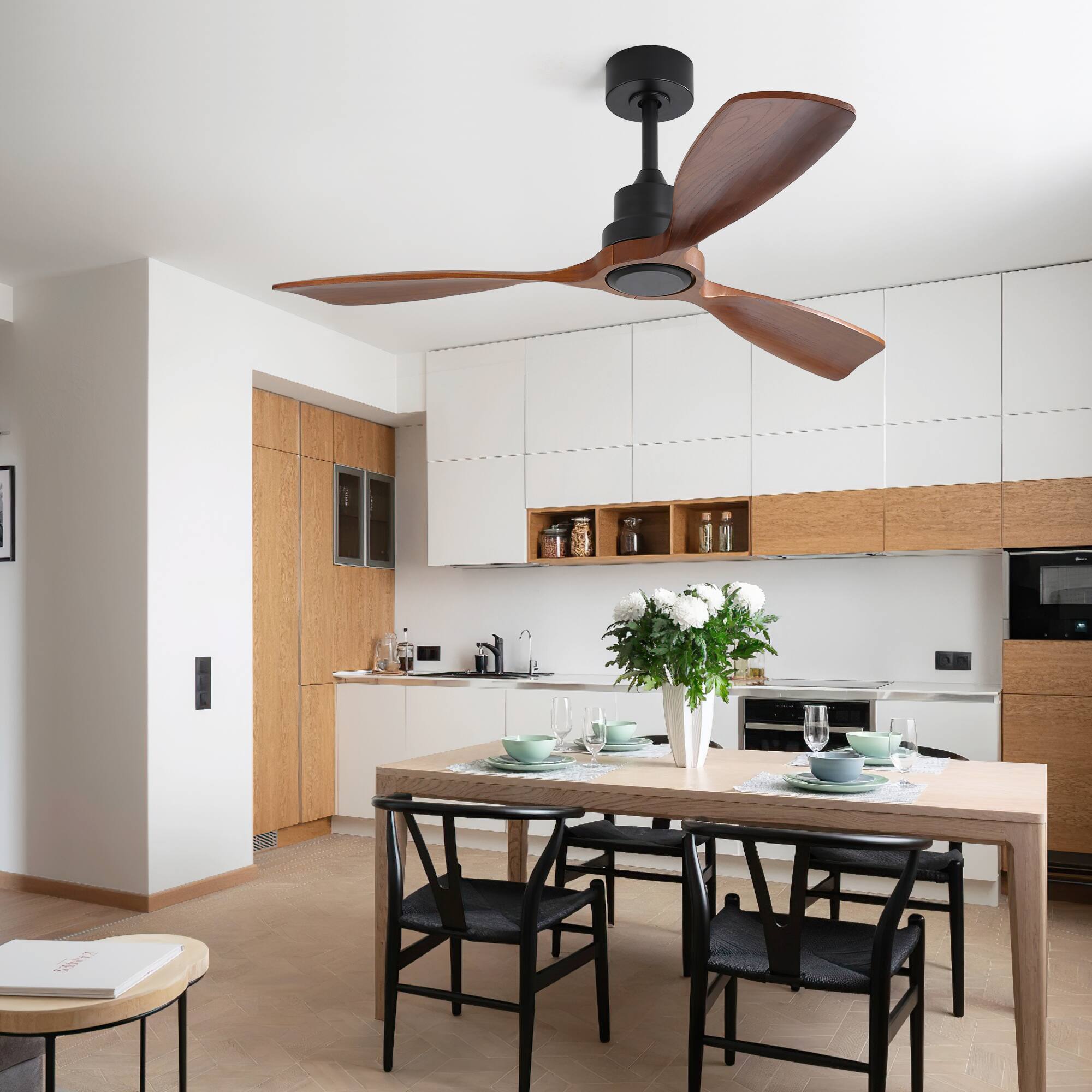 Left. APRILSOUL - 48 Inch Ceiling Fan No Light 3 Wood Blades 6 Speed Remote DC Motor - Black.