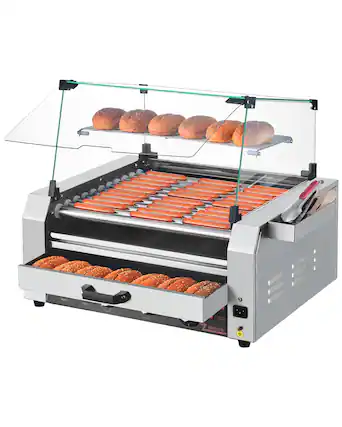 Front. VEVOR - Hot Dog Roller, 30 Hot Dog 11 Rollers, Stainless Steel Sausage Grill Cooker, 1950W Hot Dog Machine with Bun Warmer,Cover - Silver.