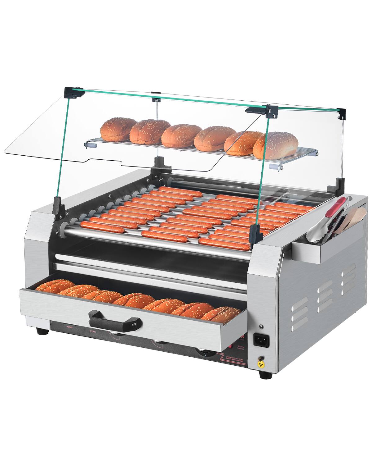 Front. VEVOR - Hot Dog Roller, 30 Hot Dog 11 Rollers, Stainless Steel Sausage Grill Cooker, 1950W Hot Dog Machine with Bun Warmer,Cover - Silver.
