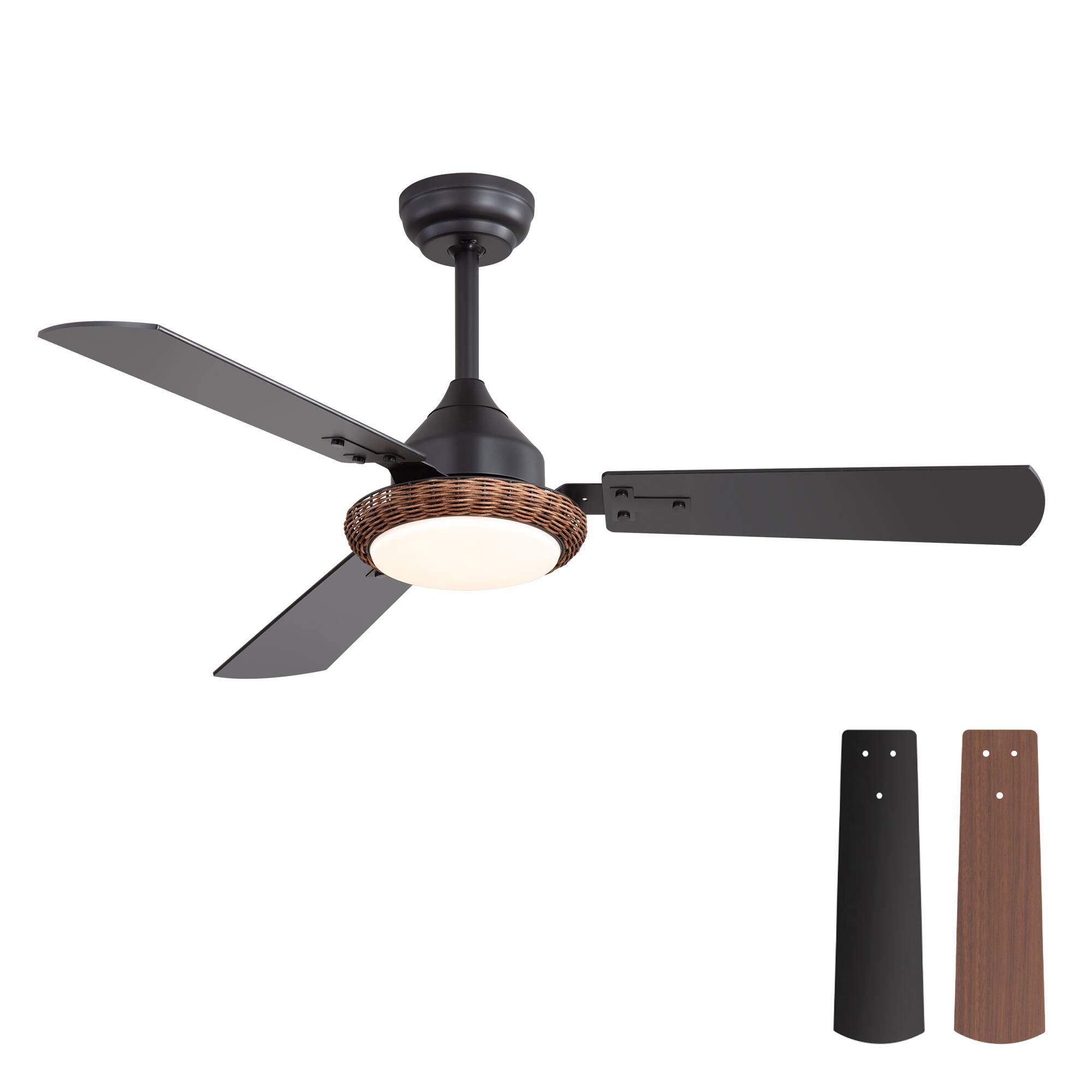 Angle. Breezary - 48'' Ceiling Fan with 3-Color Light, 3 Dual-Finish Plywood Blades, DC Motor, 6-Speed Remote with Timer & Memory - Matte Black and Dark Wood Grain.