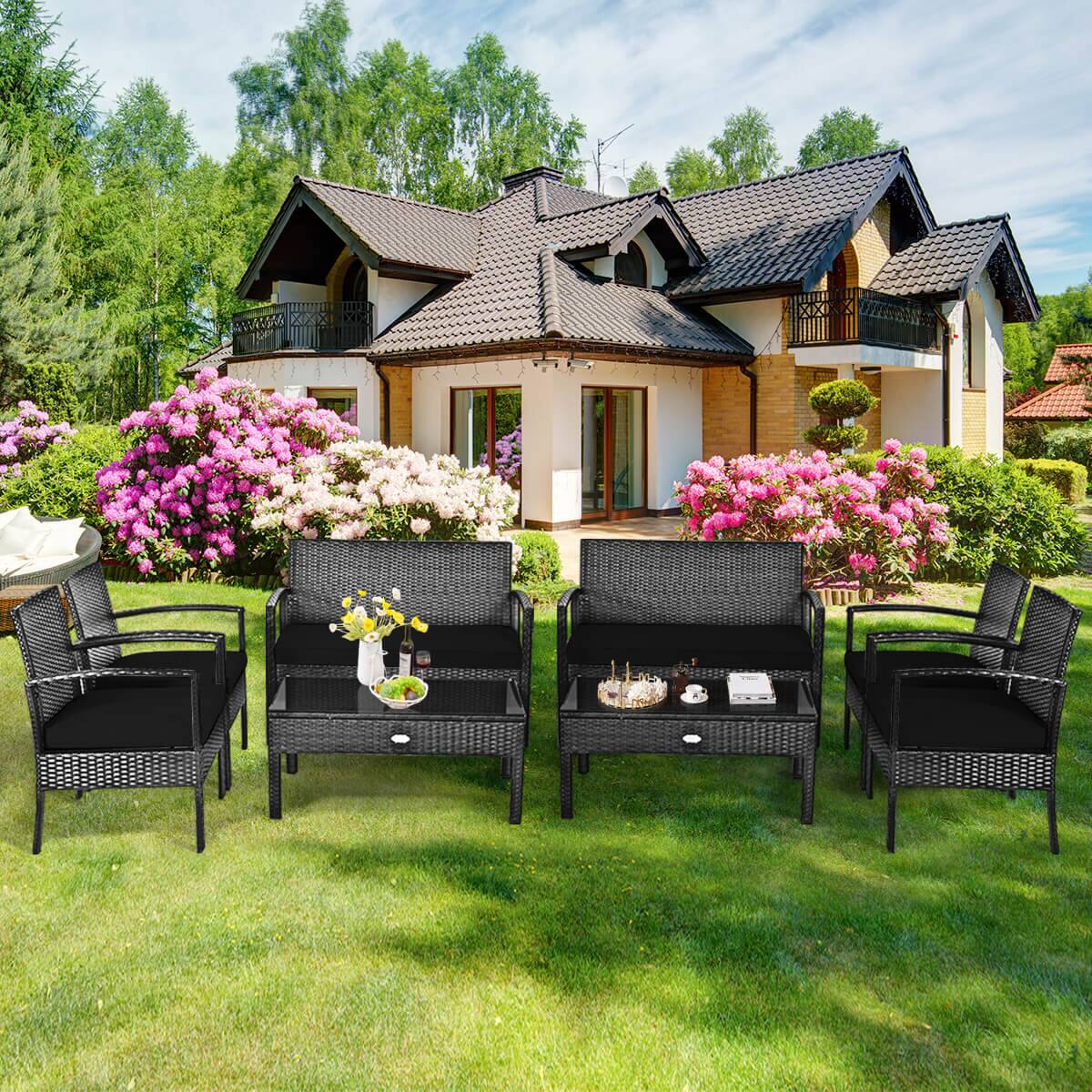 Alt View 5. Costway - Costway 4 PCS Outdoor Patio Rattan Furniture Set Cushioned Sofa Coffee Table Garden Deck - Black.