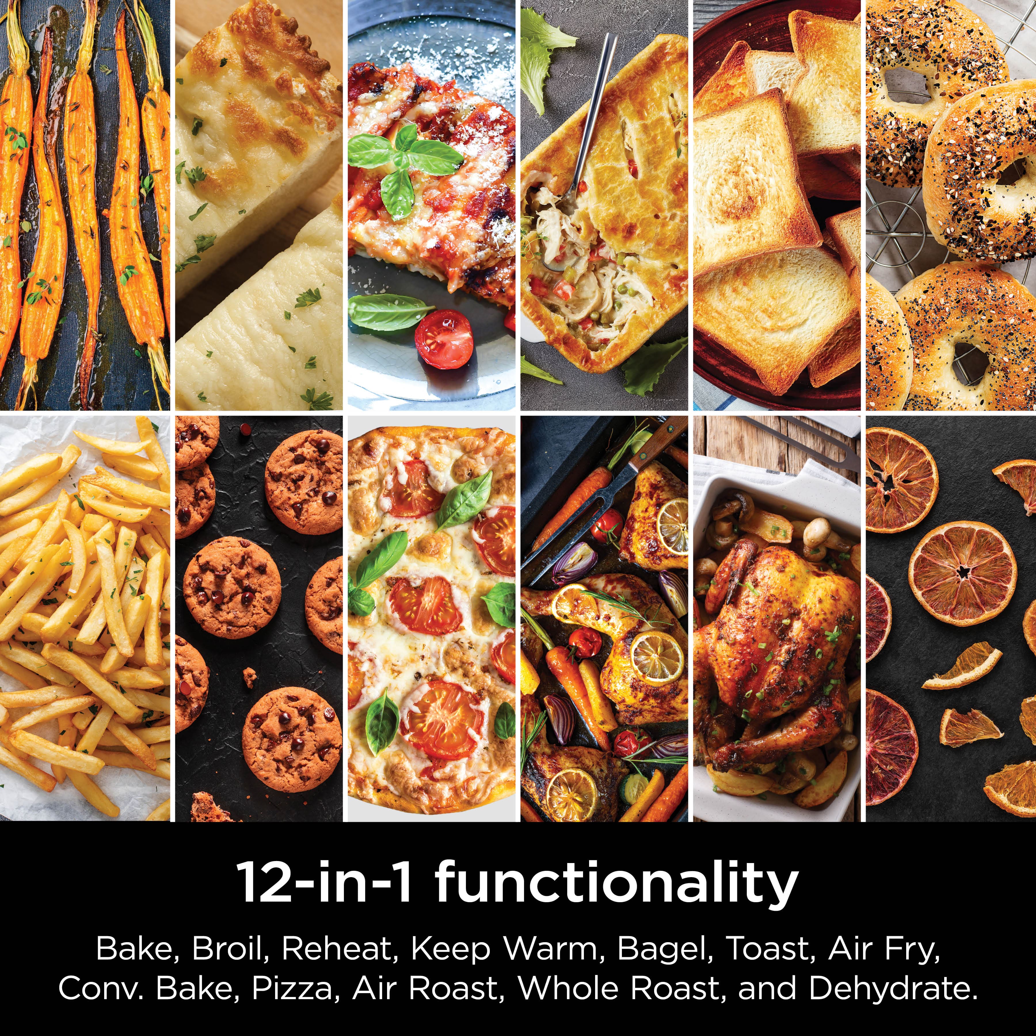 12-in-1 functionality: Bake, Broil, Reheat, Keep Warm, Bagel, Toast, Air Fry, Convection Bake, Pizza, Air Roast, Whole Roast, and Dehydrate.
