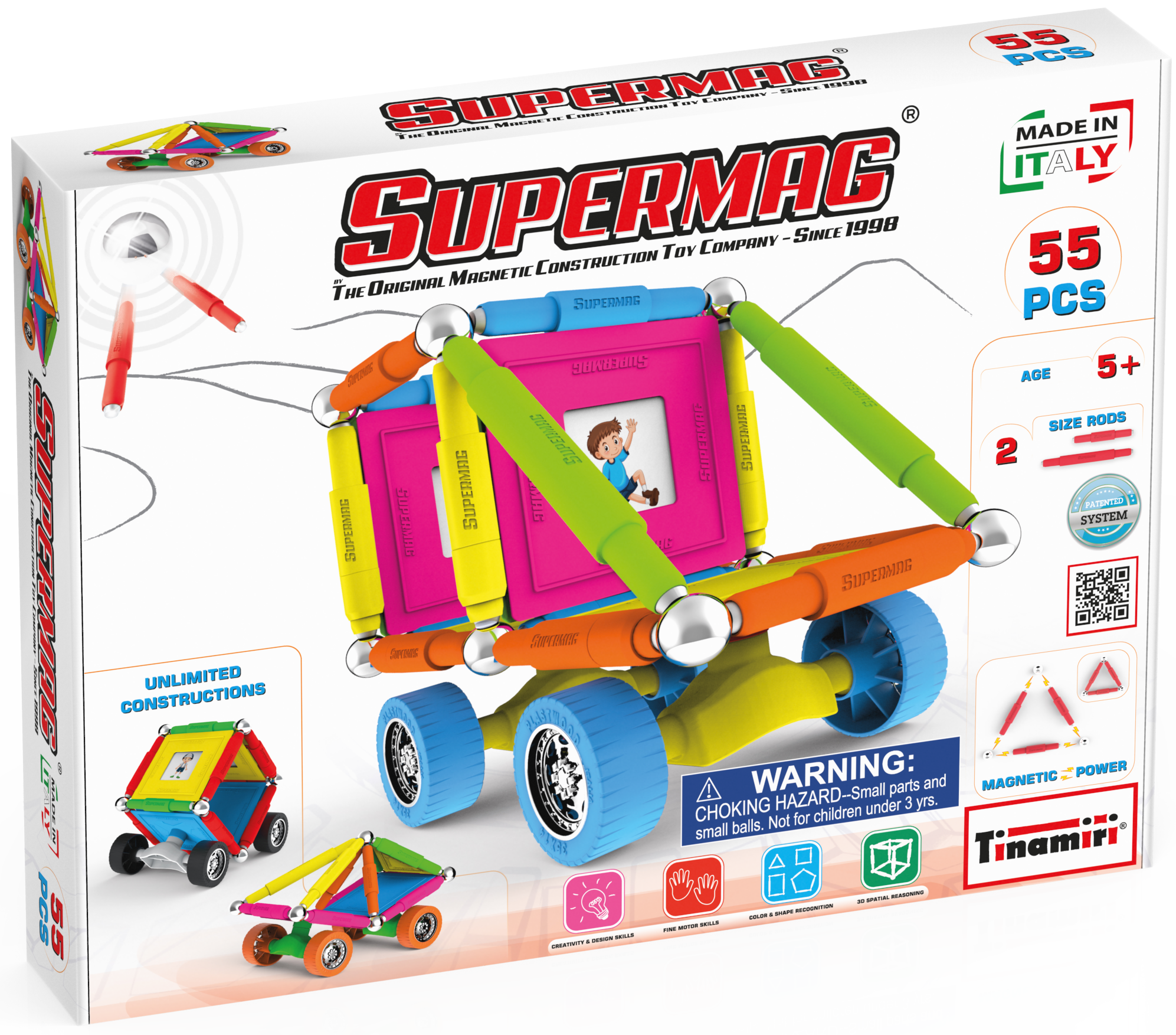 SUPERMAG  
The Original Magnetic Construction Toy Company - Since 1998  

MADE IN ITALY  

55 PCS  

AGE 5+  

SIZE RODS 2  

UNLIMITED CONSTRUCTIONS  

WARNING: CHOKING HAZARD - Small parts and small balls. Not for children under 3 yrs.  

MAGNETIC POWER  

Tinamiri  

SYSTEM PATENTED