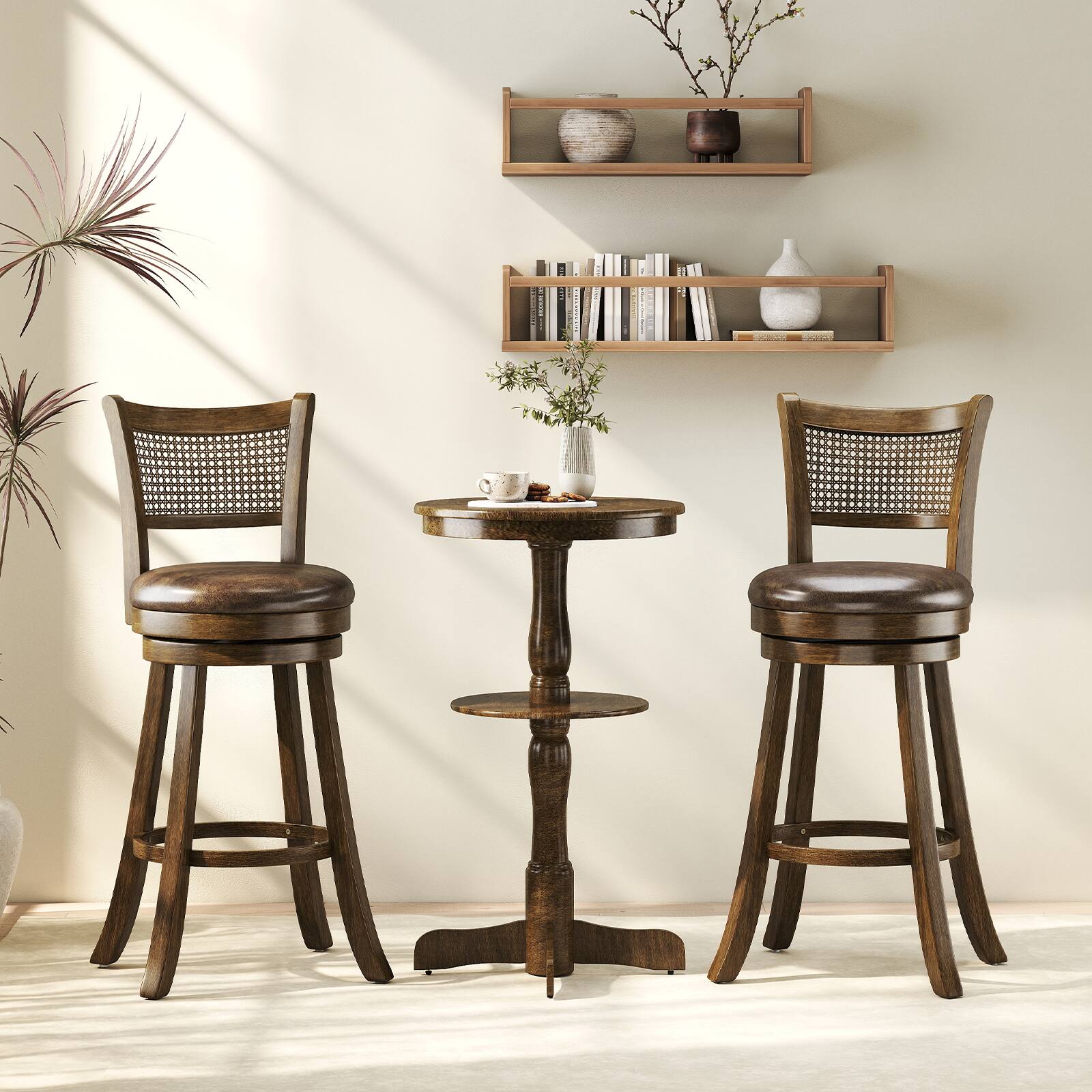 Alt View 4. Gymax - Gymax Set of 4 Bar Stools 30'' Swivel Bar Chairs w/ PE Rattan Backrest Bar Height - Brown.