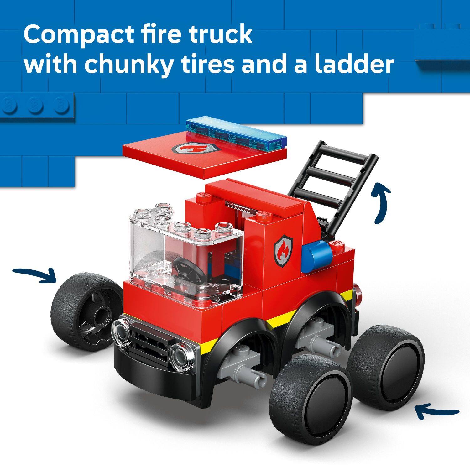 Compact fire truck with chunky tires and a ladder