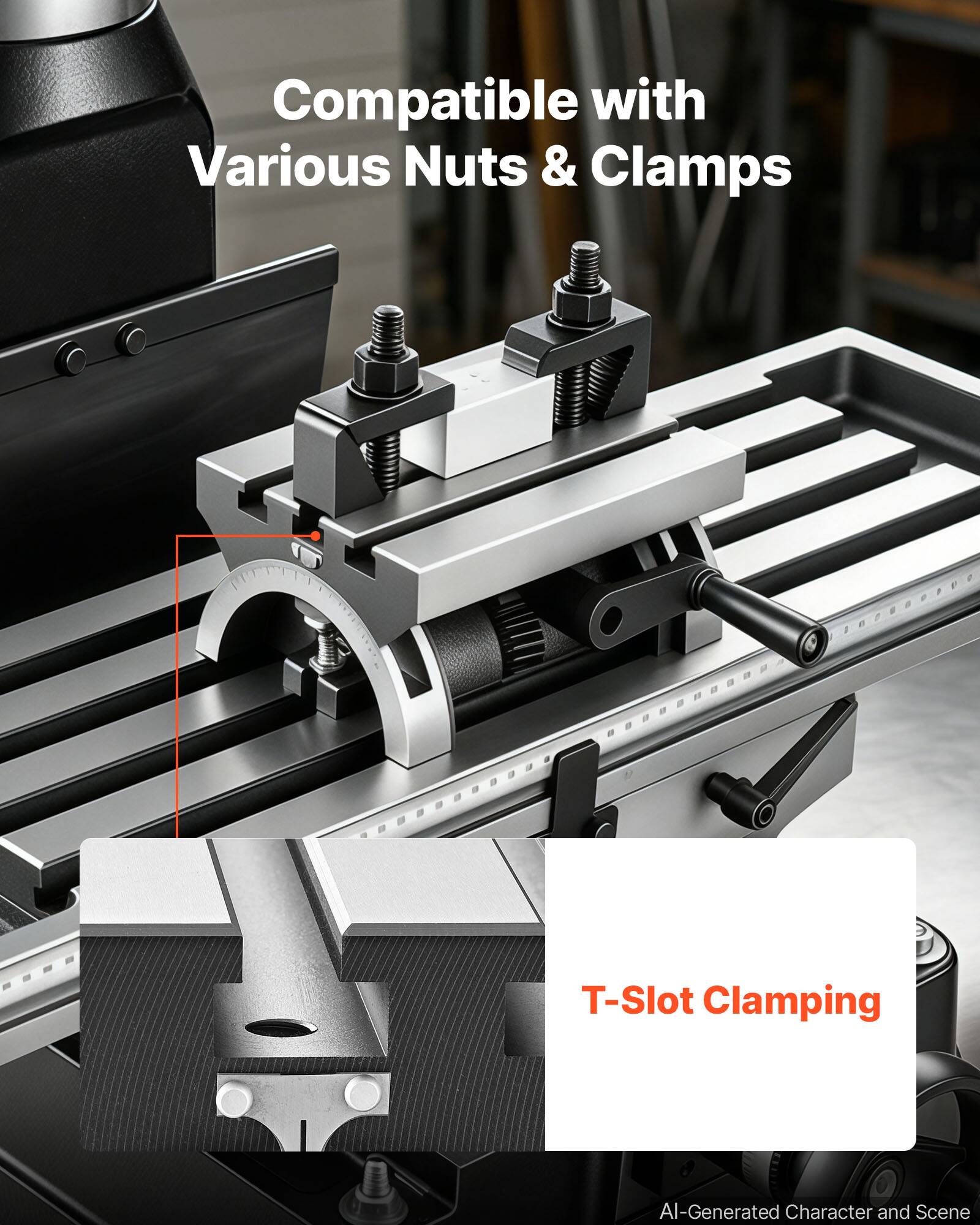 Compatible with Various Nuts & Clamps  
T-Slot Clamping  
AI-Generated Character and Scene