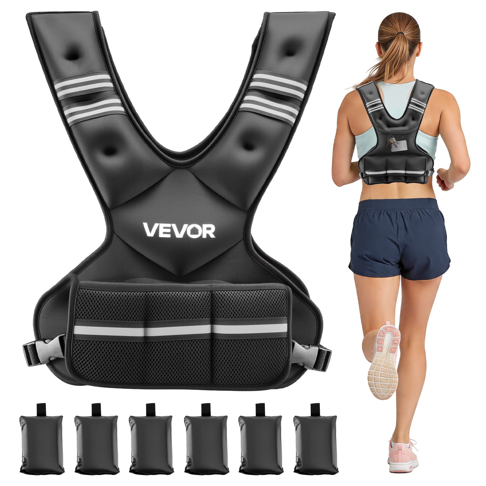 VEVOR - Adjustable Weighted Vest, 20-32 lbs Comfortable X-Shape Body Weight Vest Set with 6 Weight Packs and Reflective Stripe - Black