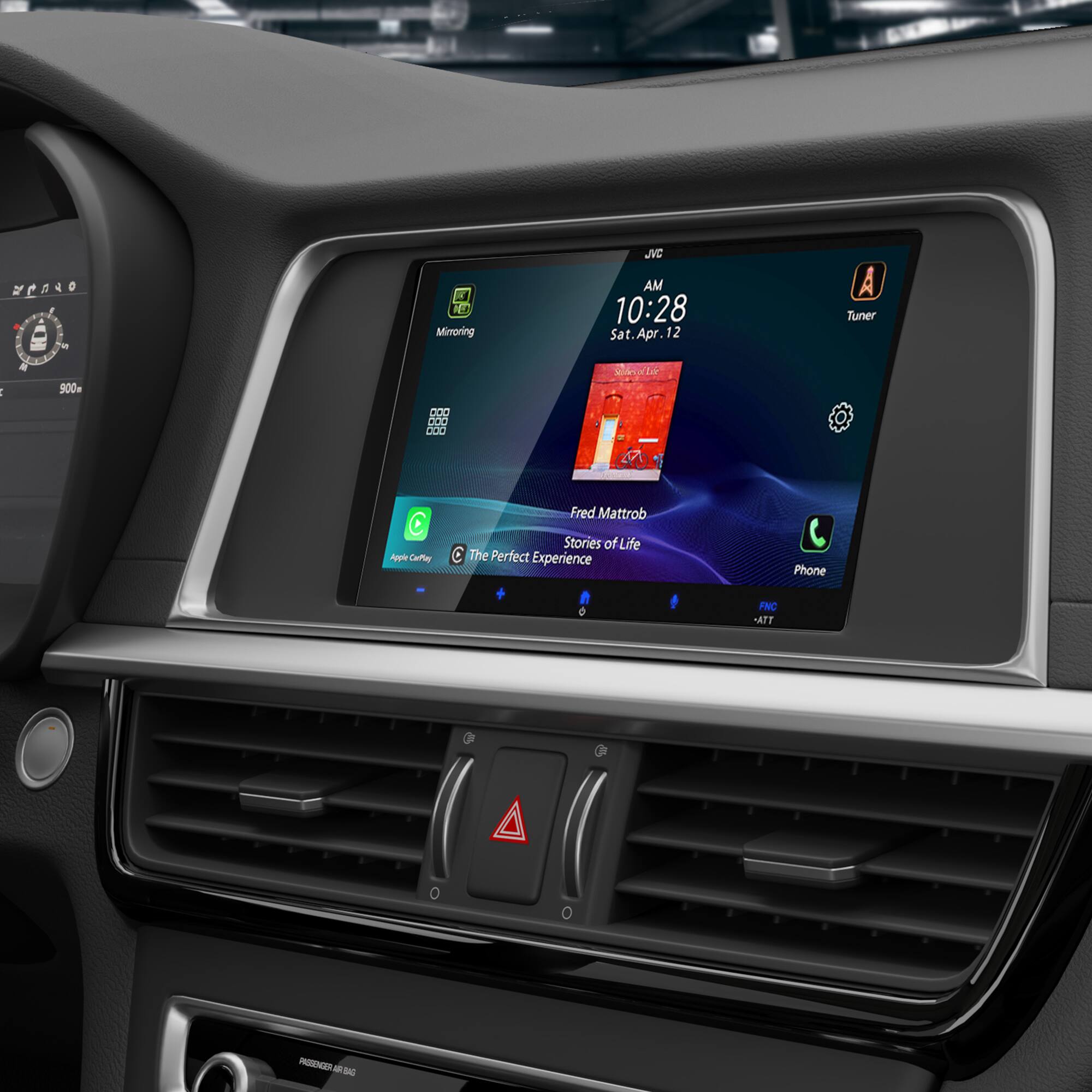 Sure, here is the corrected and grouped text from the image:

**Top Left:**
- JVC

**Top Center:**
- AM 10:28
- Sat, Apr. 12

**Top Right:**
- Tuner

**Middle Left:**
- Mirroring

**Middle Center:**
- Fred Mattrob
- Stories of Life
- The Perfect Experience

**Middle Right:**
- Phone

**Bottom Left:**
- Apple CarPlay

**Bottom Center:**
- The Perfect Experience

**Bottom Right:**
- FNC
- ATT

**Bottom Center (Car Dashboard):**
- 900 km

**Bottom Center (Car Controls):**
- PHASENREGLER BAG