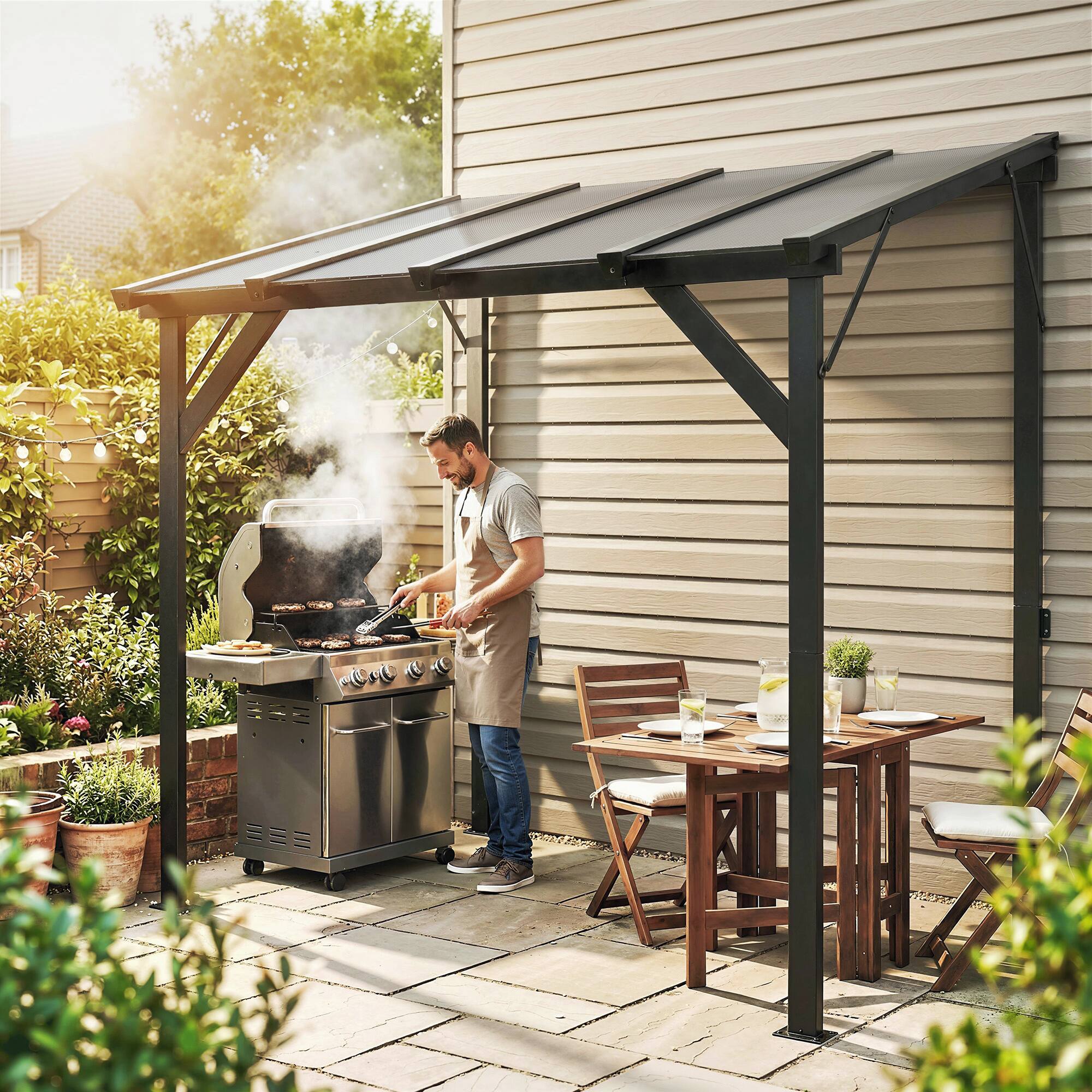 Alt View 1. Outsunny - Grill Gazebo, Lean-to BBQ Shelter with Polycarbonate Roof for Outdoor.