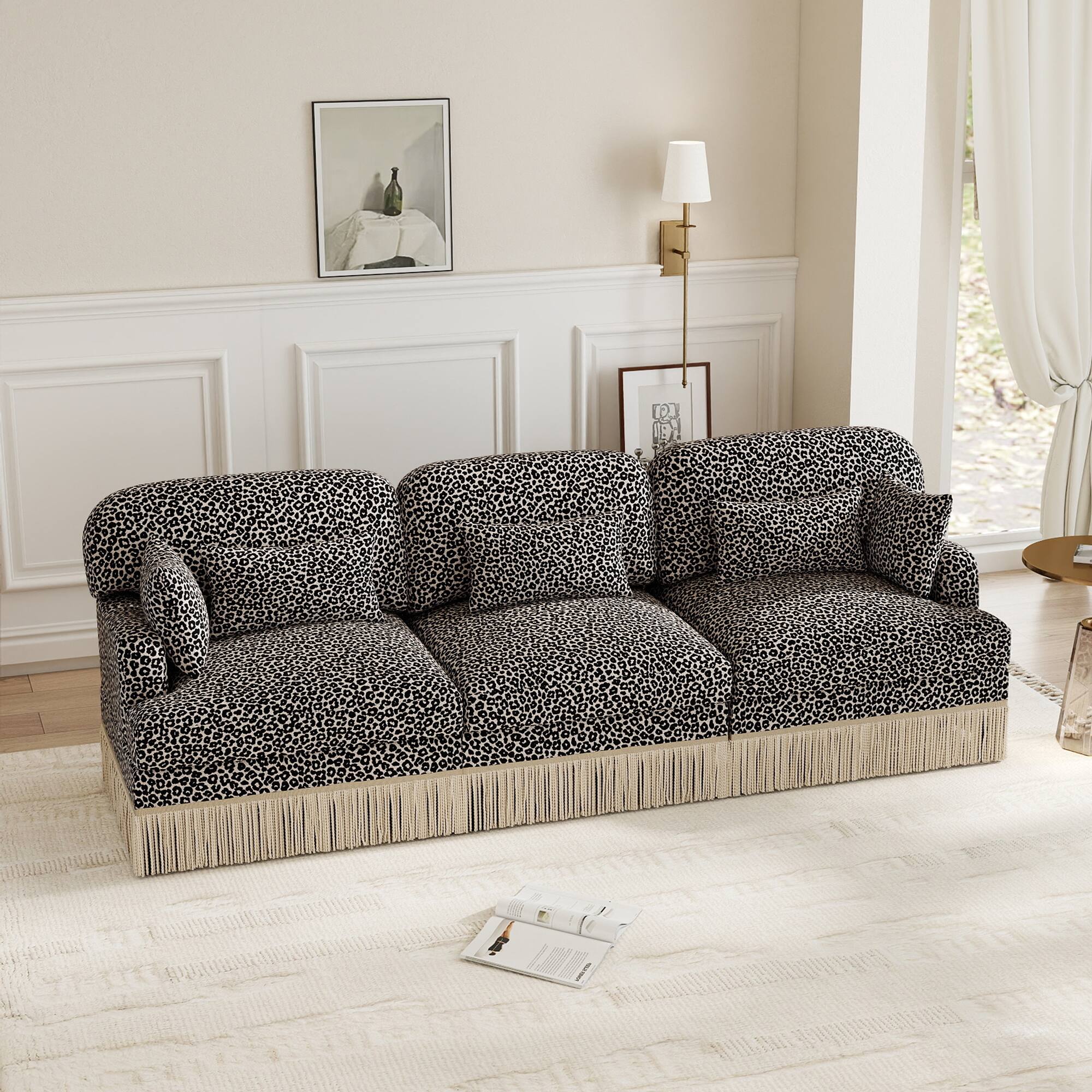 Angle. Anysun - 100" Chenille Leopard Print 3-Seater Sofa with Tassel Edge, Modular Sectional Couch, Ergonomic Deep Seat for Living Room - khaki.