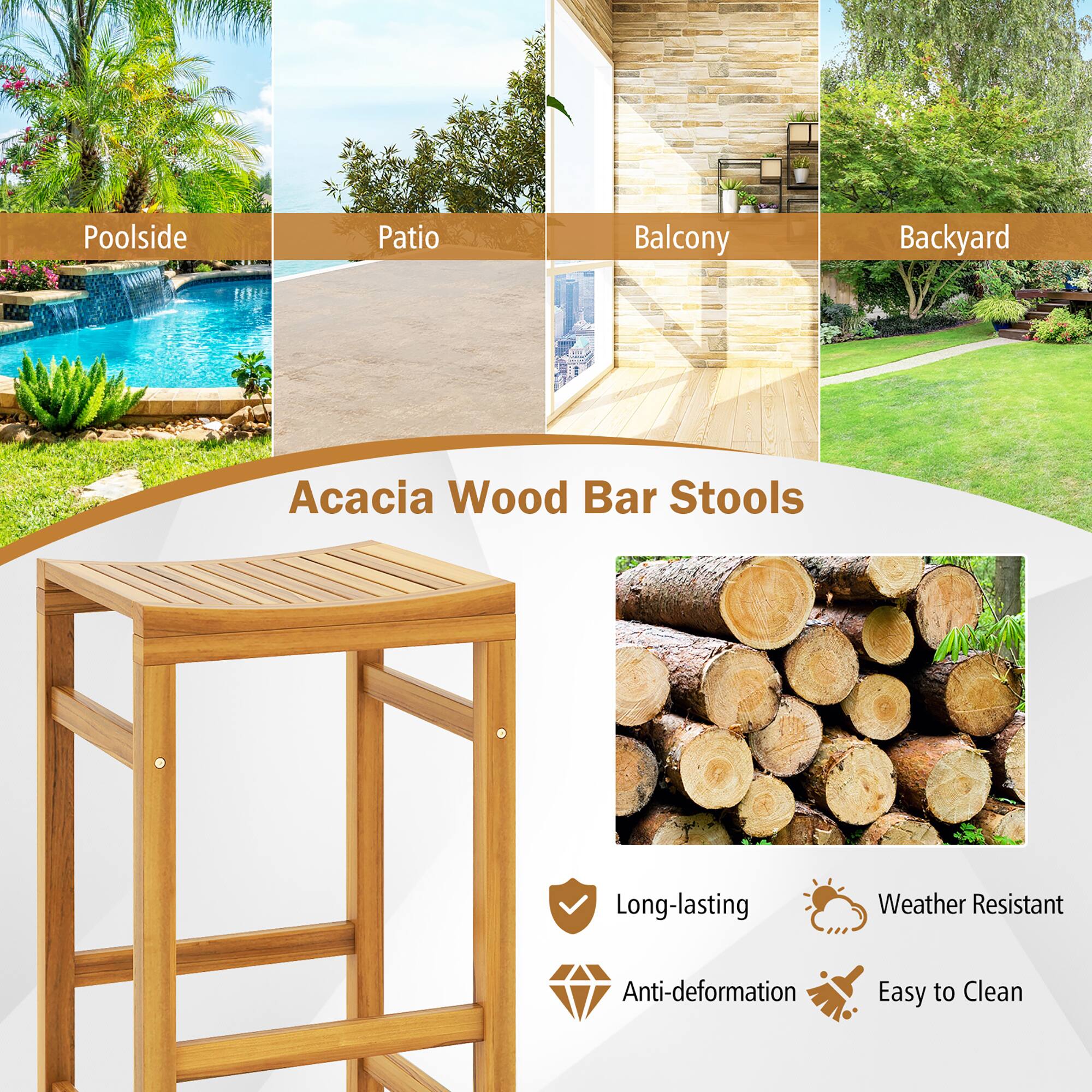 Poolside Patio Balcony Backyard - Acacia Wood Bar Stools

- Long-lasting
- Weather Resistant
- Anti-deformation
- Easy to Clean