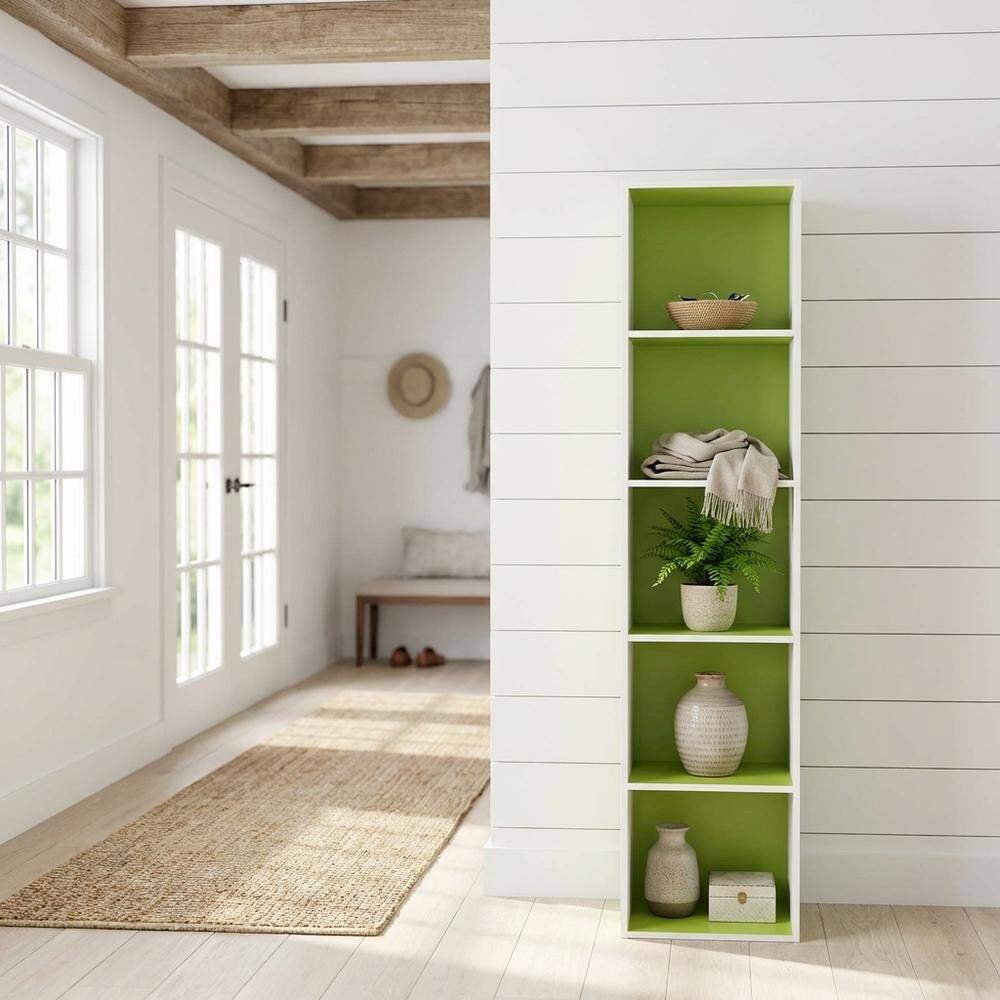 Angle. FurniFact - 5-Tier Open Shelf Bookcase with Engineered Wood Construction - Green/White.