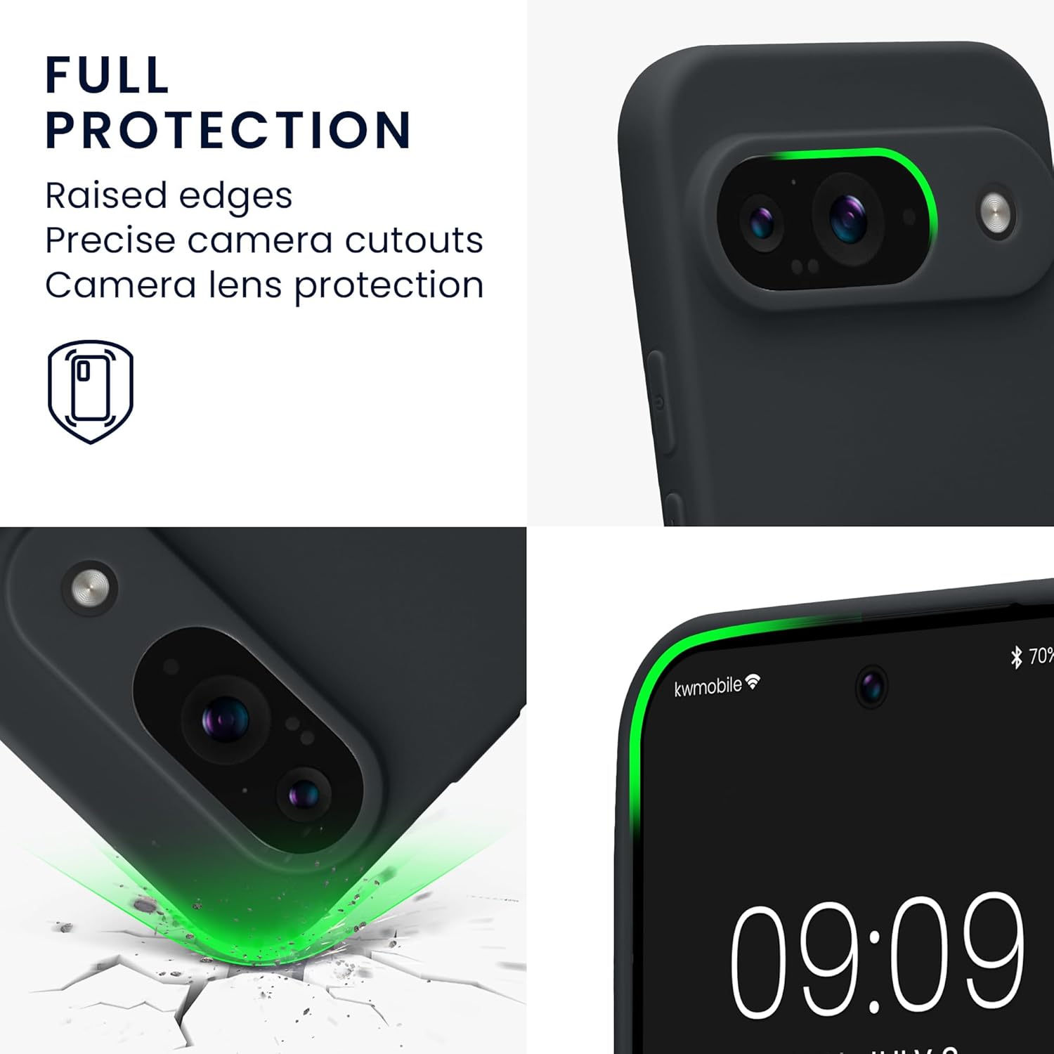 FULL PROTECTION  
Raised edges  
Precise camera cutouts  
Camera lens protection  

kwmobile  
70%  
09:09