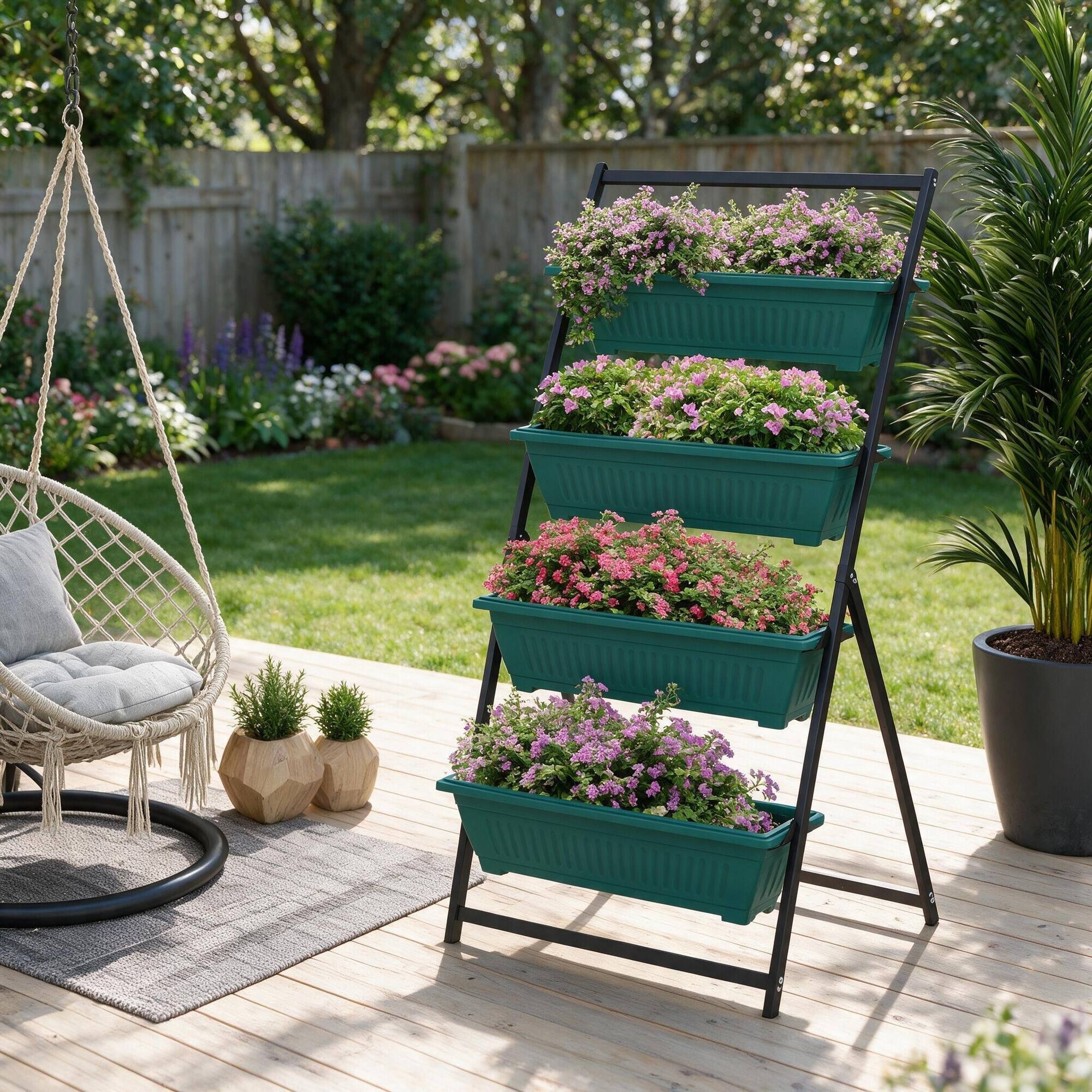 Alt View 2. RYHNUYNE - 4 Tier Raised Garden Bed with Stand, 63.75 Inch Tall Vertical Planter Boxes for Vegetables, Flowers and Herbs - Green.