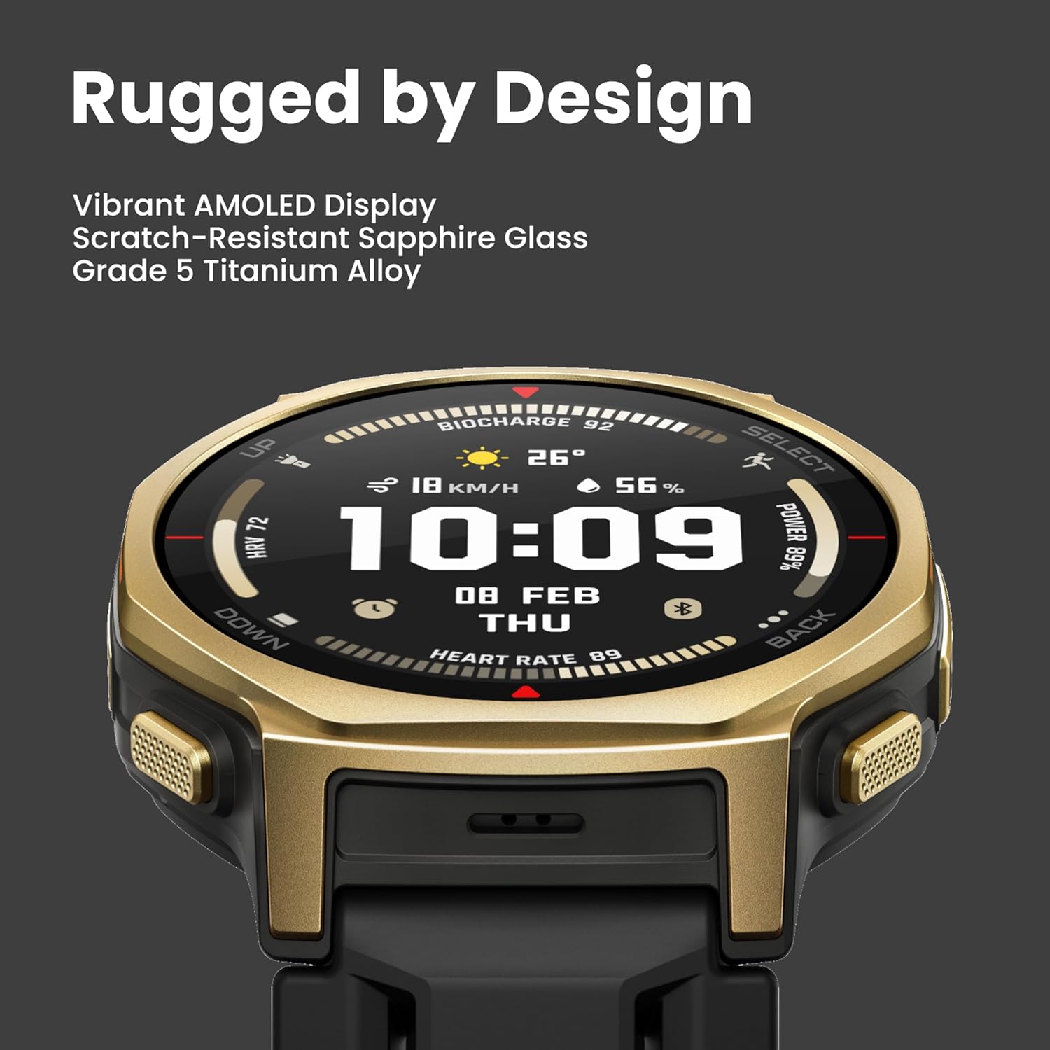 Rugged by Design

Vibrant AMOLED Display  
Scratch-Resistant Sapphire Glass  
Grade 5 Titanium Alloy

10:09  
08 FEB  
THU  
18 KM/H  
56%  
26°  
HEART RATE 89