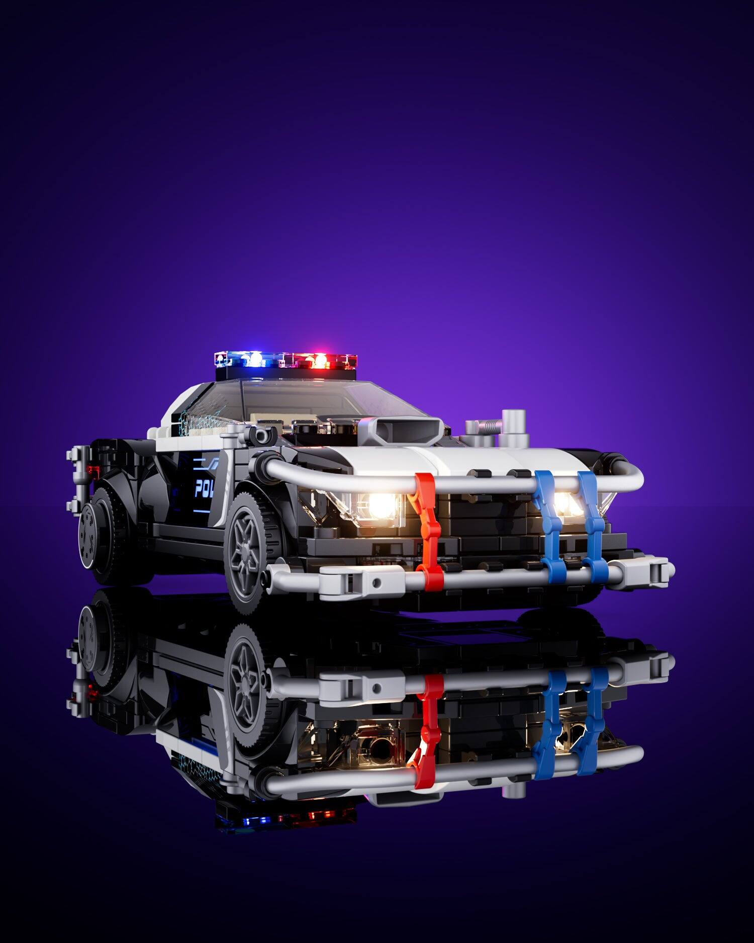 Left. Lumibricks - Cyberpunk Police Patrol Car Lighting Building Set, 372 Pieces LED Vehicle Model Kit for Ages 16+.