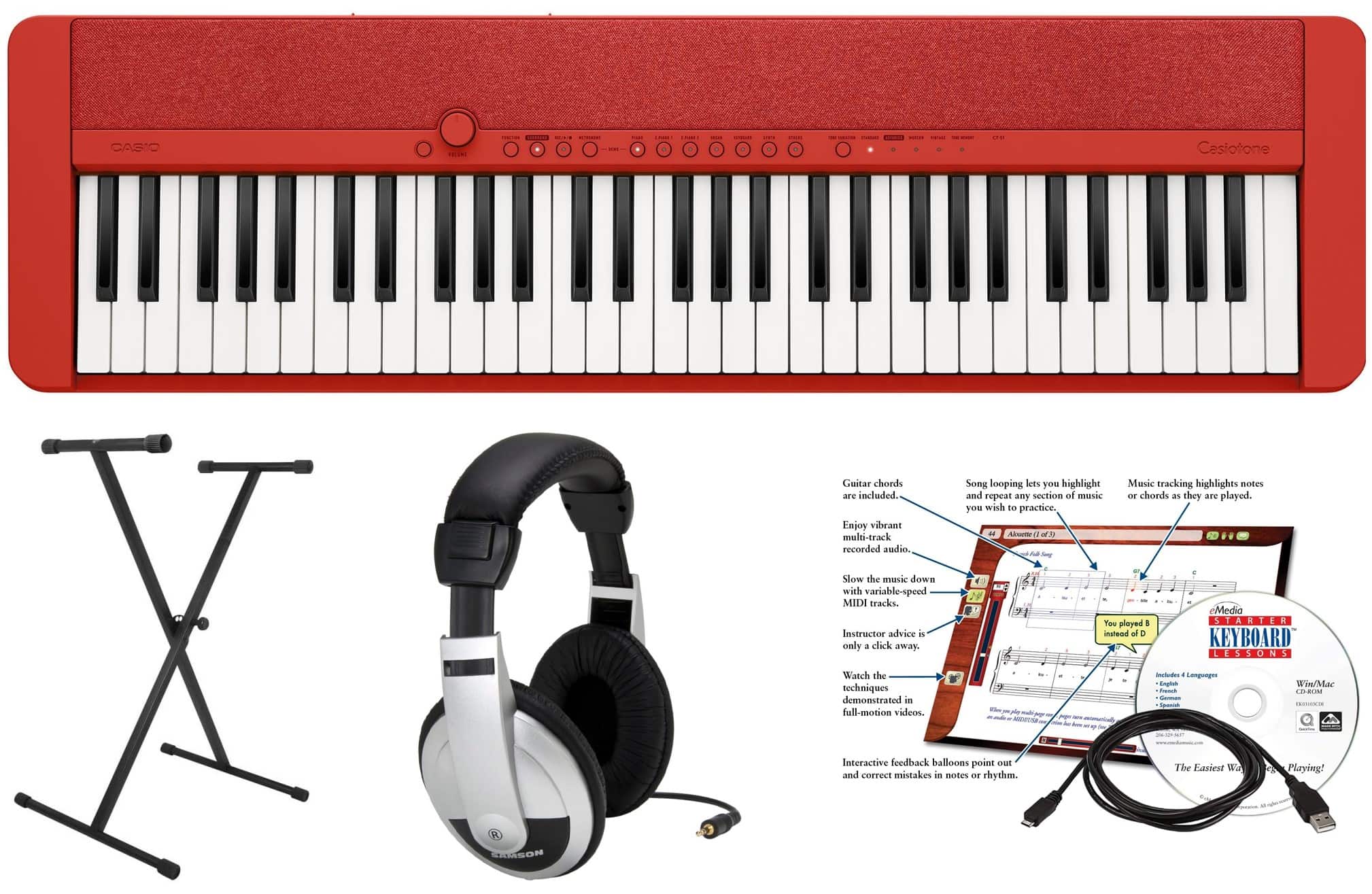 Front. Casio - CT-S1RD EPA 61 Key Keyboard with Stand, AC Adapter, Headphones, and Software - Red.