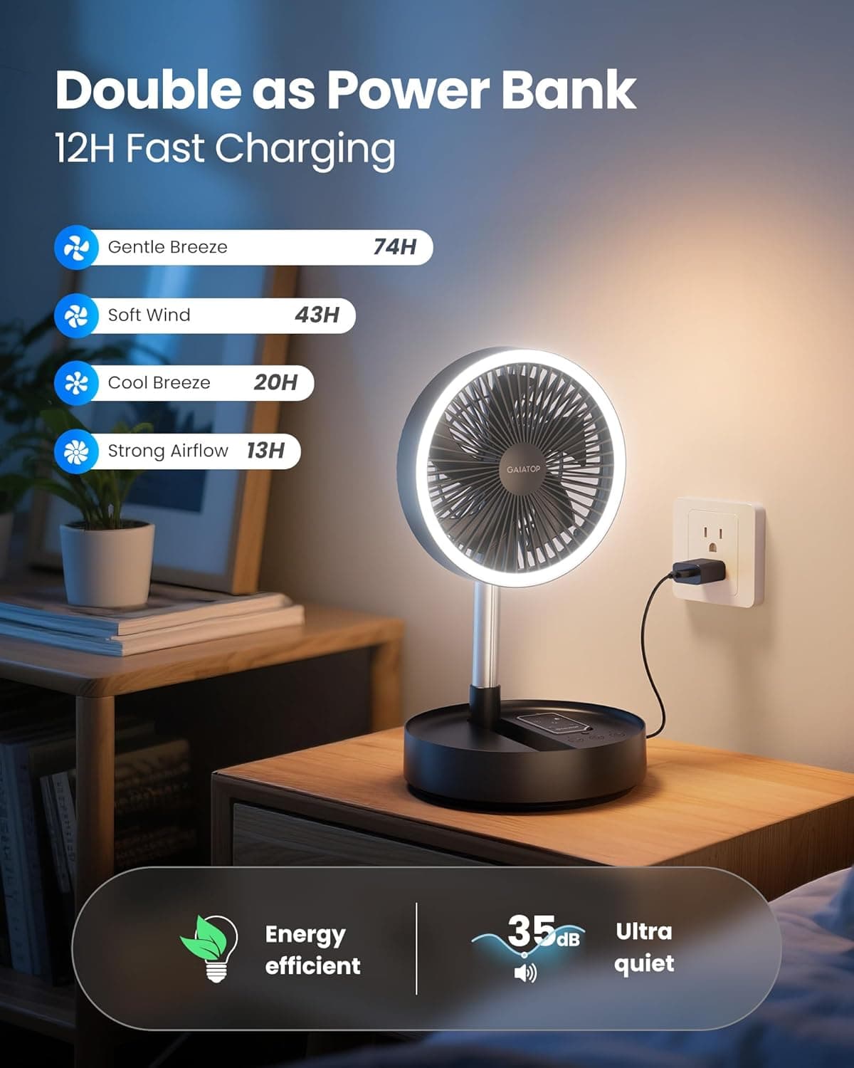 Double as Power Bank  
12H Fast Charging  

- Gentle Breeze: 74H  
- Soft Wind: 43H  
- Cool Breeze: 20H  
- Strong Airflow: 13H  

GAIATOP  
Energy efficient  
35 dB Ultra quiet