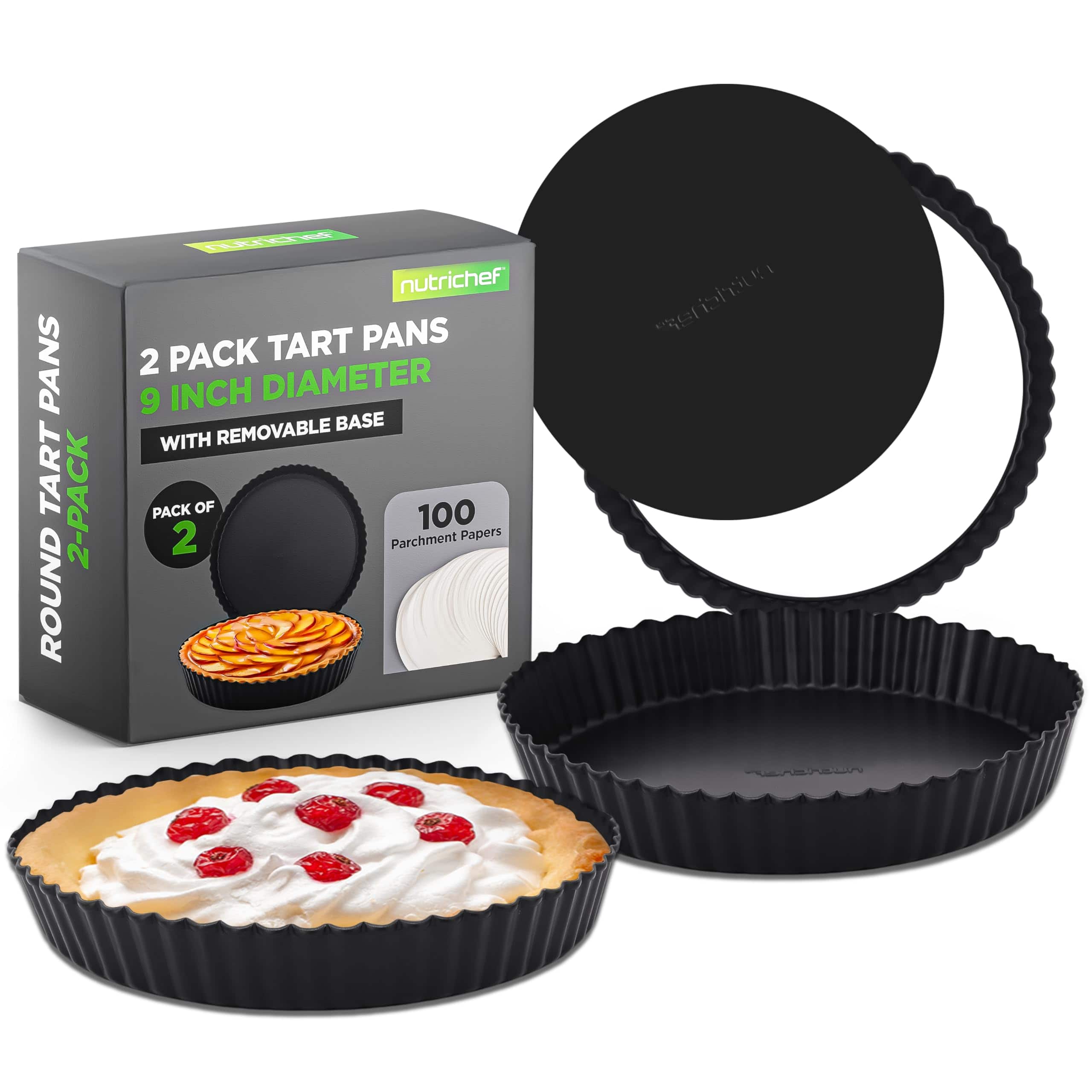 NutriChef - 2 Round Tart Pans, 9-Inch Carbon Steel, Nonstick, Even Heat Distribution, Includes 100 Parchment Papers - Black