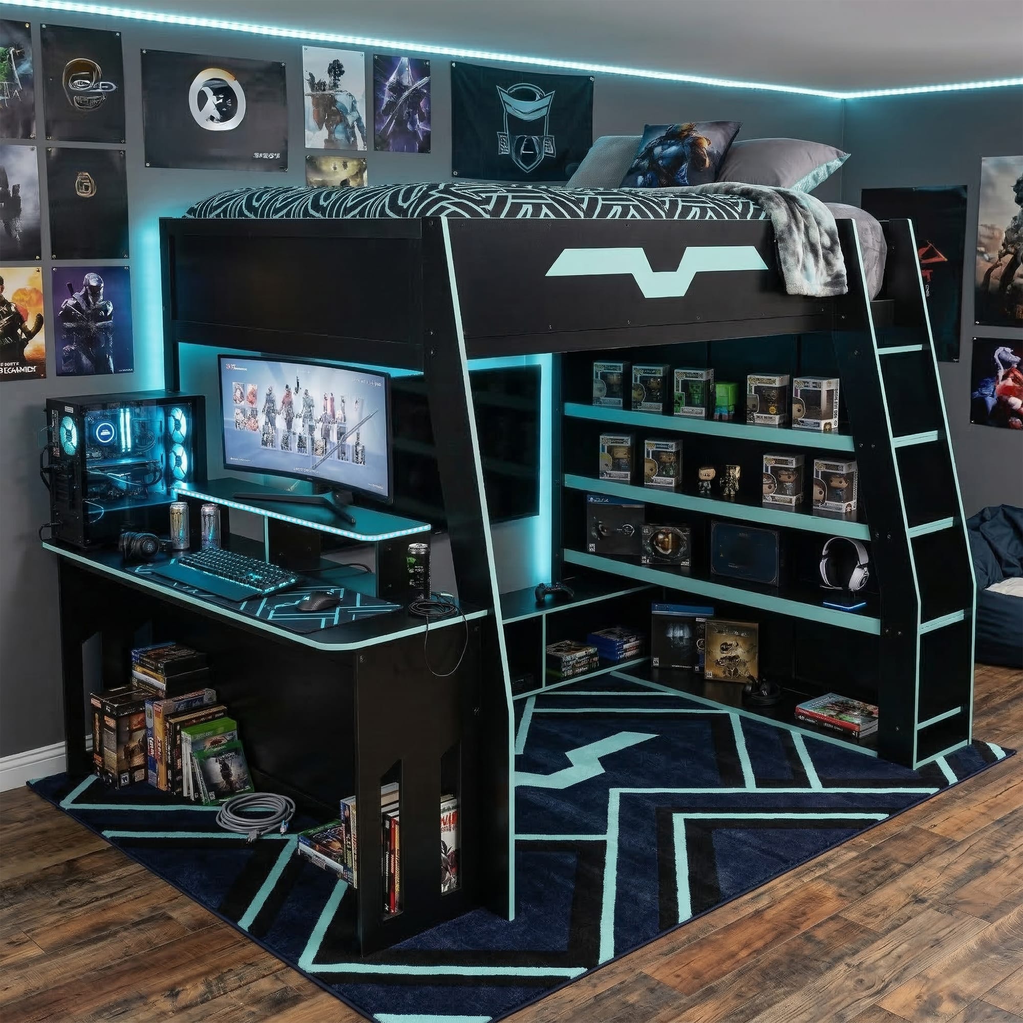 Anysun - Full Size Wood Loft Bed with Desk, Multi-storage Shelves and RGB Light, Table with adjustable placement - Blue