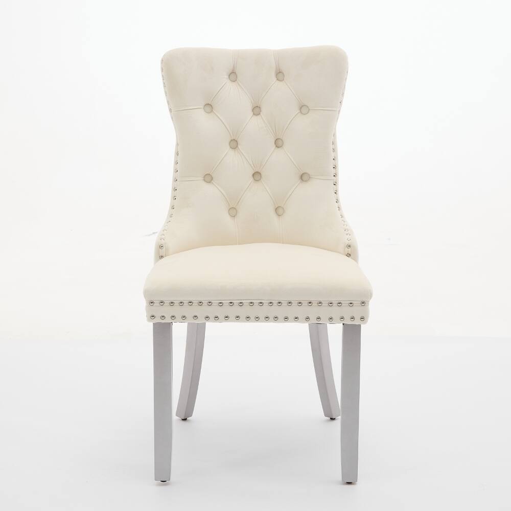 Angle. Loheer - Loheer Velvet Dining Chairs Set of 2 Tufted Solid Wood Mid-Century Modern Upholstered Milky White - Milky White.