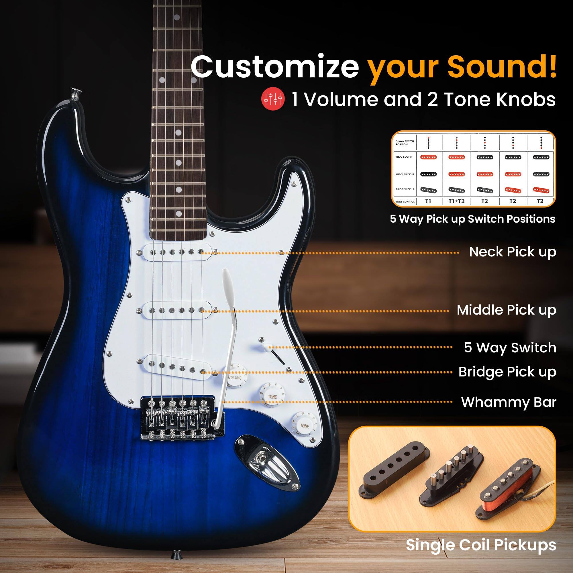 Customize your Sound!  
1 Volume and 2 Tone Knobs  

5 Way Pick up Switch Positions  
- Neck Pick up  
- Middle Pick up  
- 5 Way Switch  
- Bridge Pick up  
- Whammy Bar  

Single Coil Pickups
