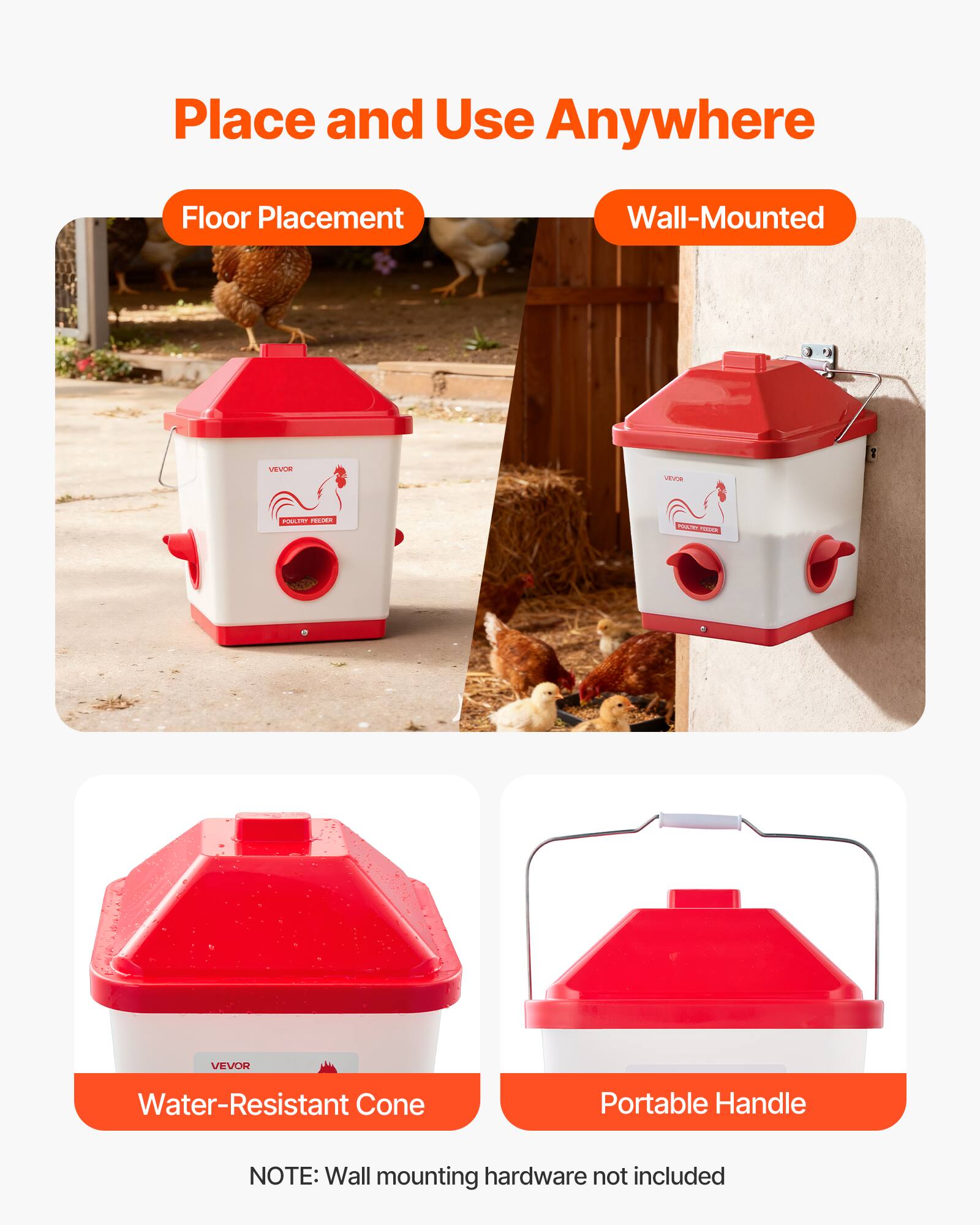 Place and Use Anywhere

- Floor Placement
- Wall-Mounted

- Water-Resistant Cone
- Portable Handle

NOTE: Wall mounting hardware not included