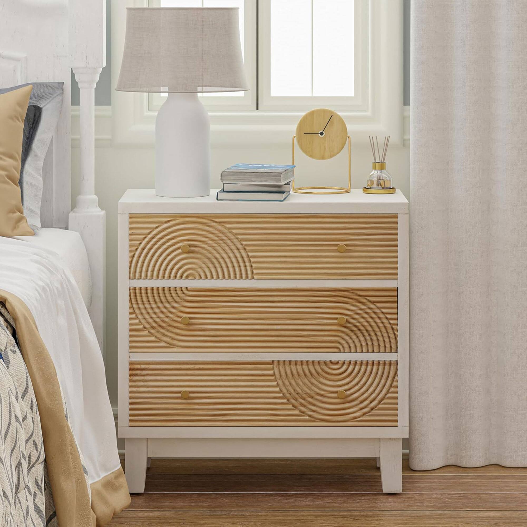 Alt View 4. COZAYH - COZAYH 3-Drawer Farmhouse Dresser, Rustic Ring Motif Nightstand, White - White + Natural Wood.