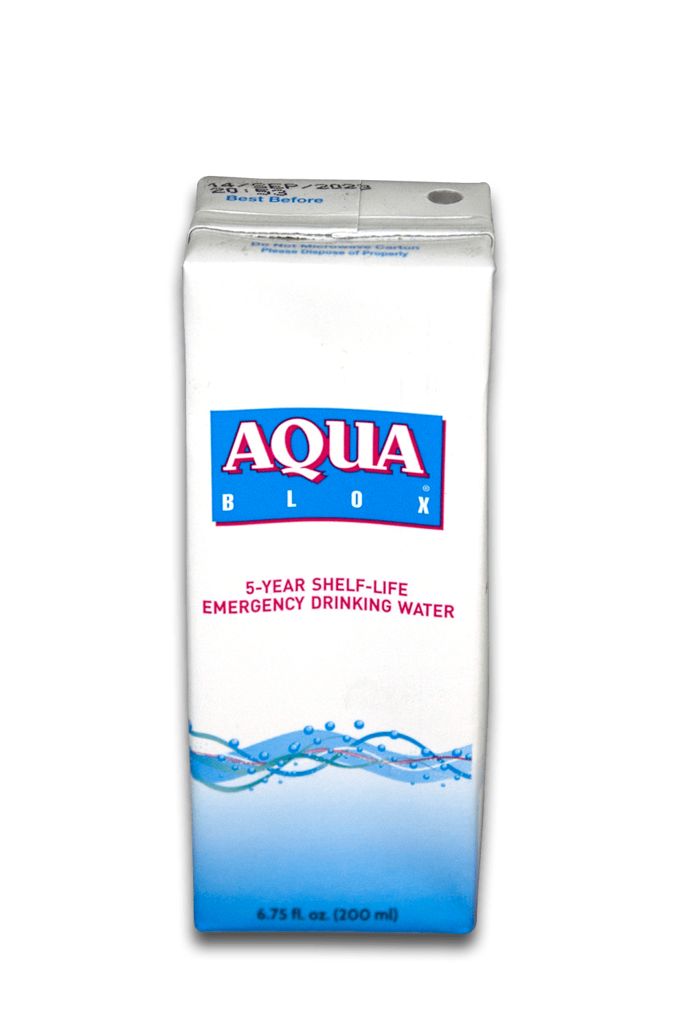 AQUA BLOX  
5-YEAR SHELF-LIFE EMERGENCY DRINKING WATER  
6.75 fl oz. (200 ml)  

Best Before: 20 SEP 2022  
Please Dispose of Property