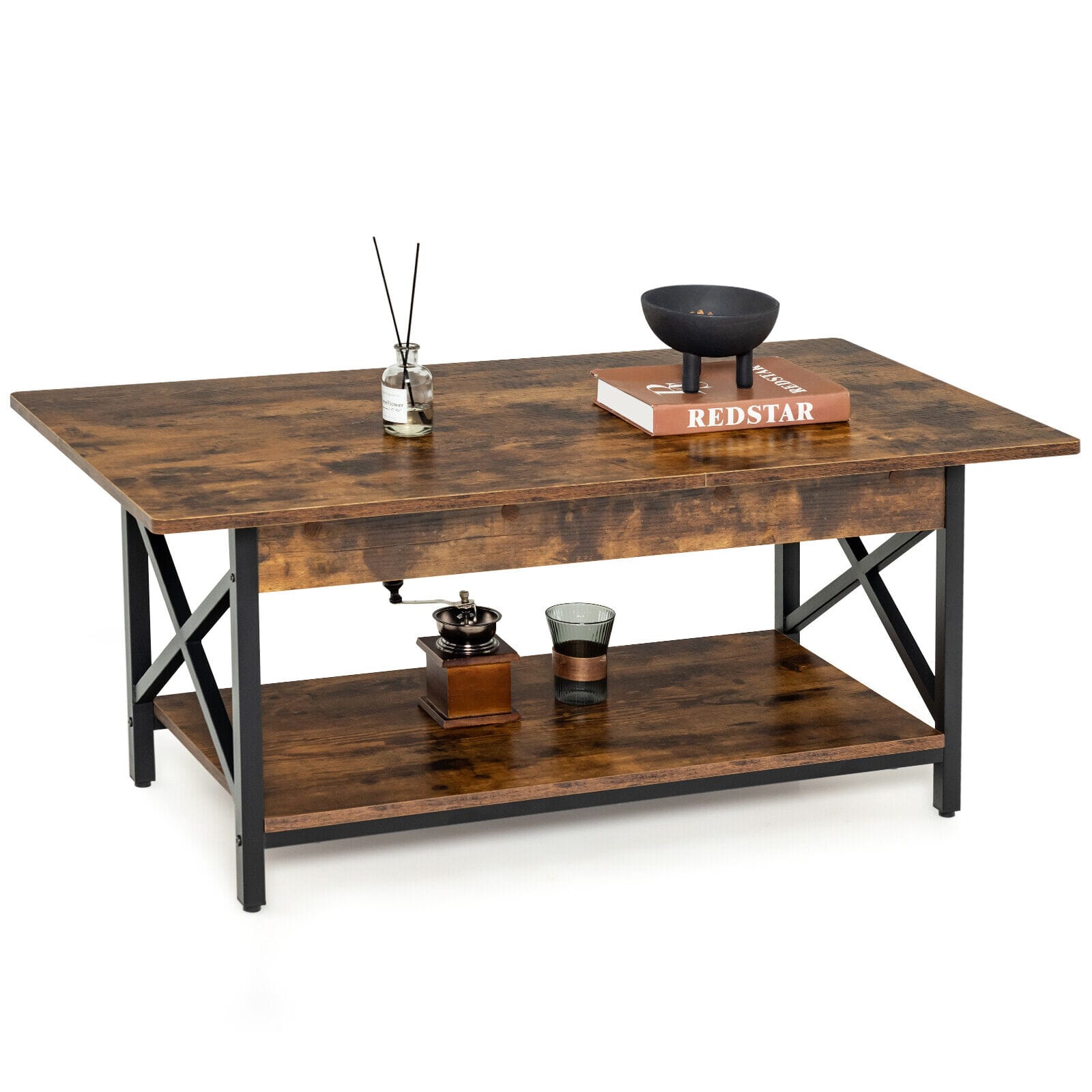 Gymax - Coffee Table Industrial 2-Tier w/ Storage Shelf &Storage Shelf for Living Room - Rustic Brown